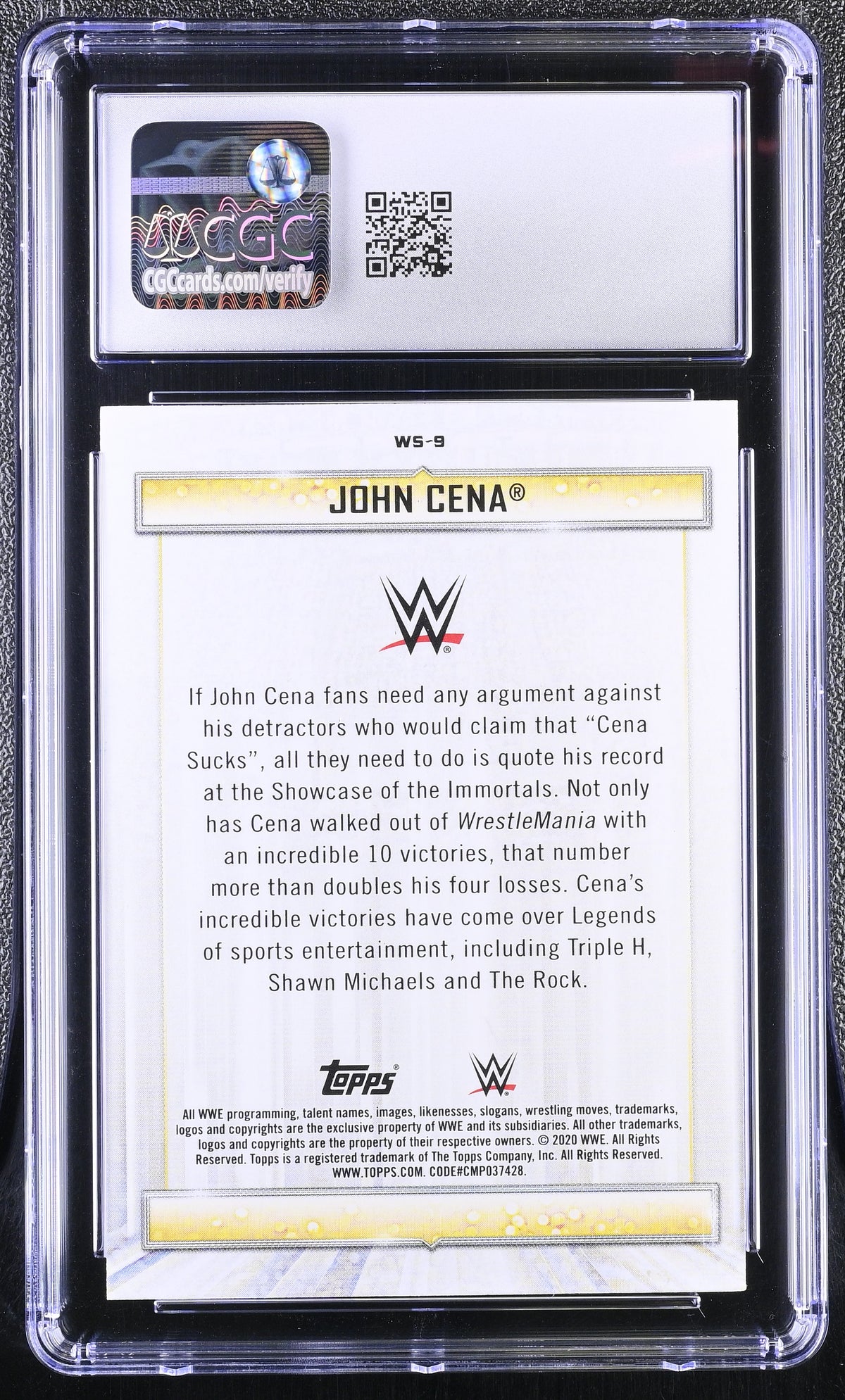 2020 Topps Road To Wrestlemania John Cena Winningest Superstars #WS-9 CGC 10