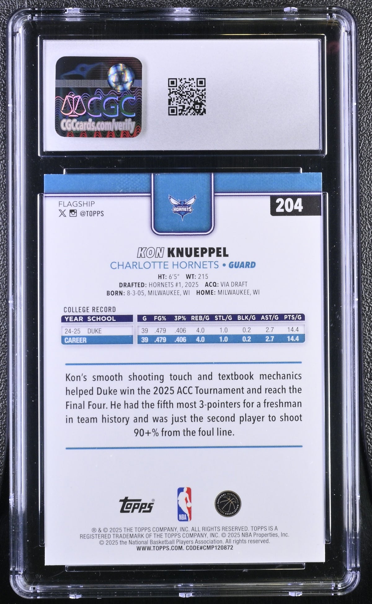2025-26 Topps Kon Knueppel Rookie #204 CGC 9.5 Charlotte Hornets
