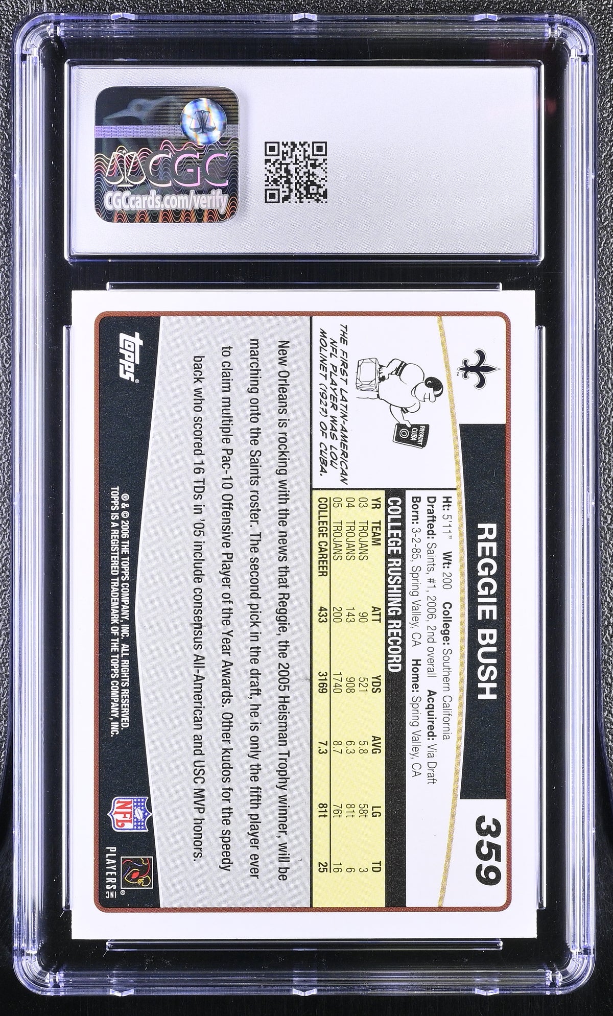 2006 Topps Reggie Bush Rookie #359 CGC 9.5 New Orleans Saints