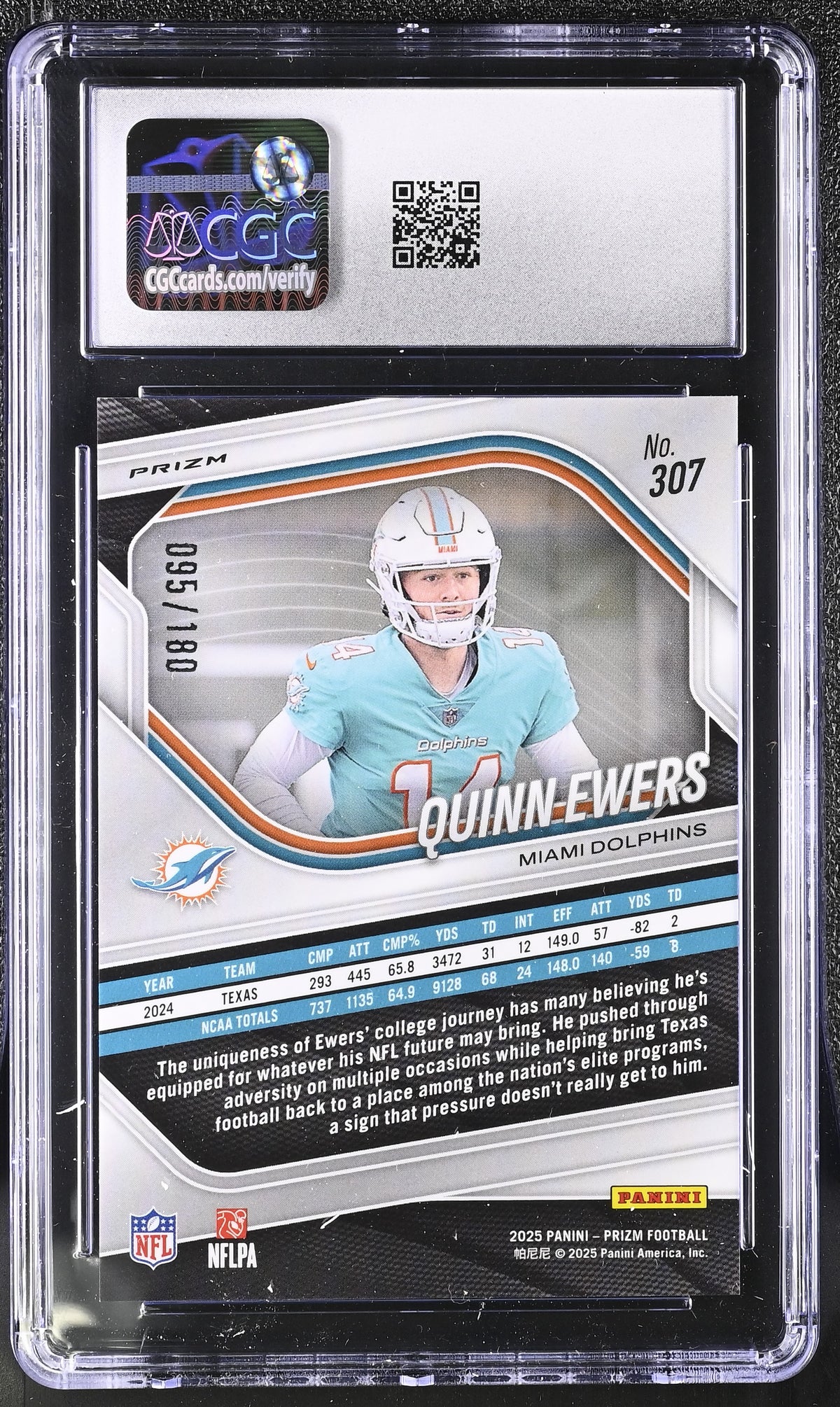2025 Panini Prizm Quinn Ewers Pigskin /180 Rookie #307 CGC 9 Miami Dolphins