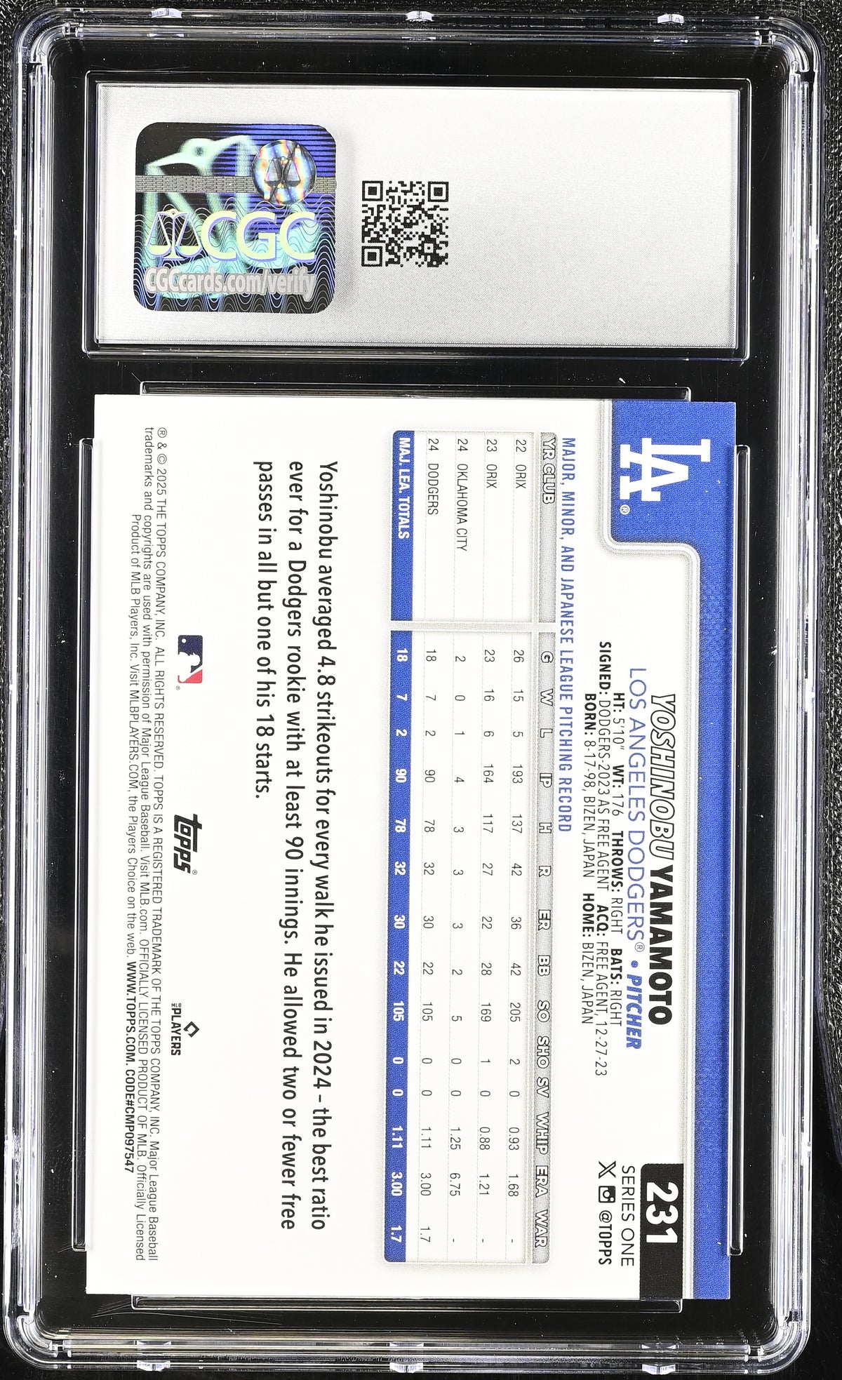 2025 Topps Yoshinobu Yamamoto #231 CGC 10 Los Angeles Dodgers