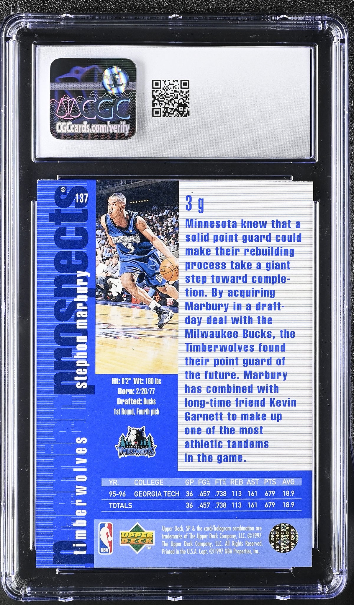 1996-97 SP Stephon Marbury Rookie #137 CGC 9.5 Minnesota Timberwolves