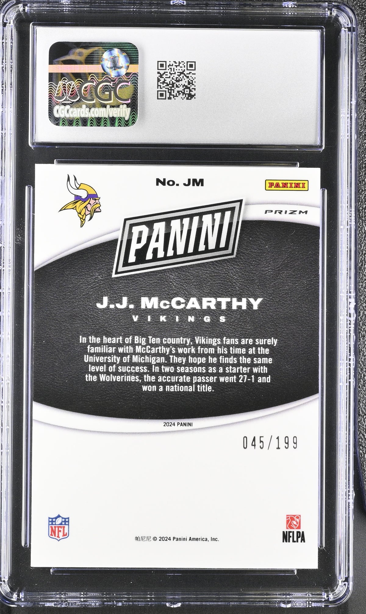 2024 Panini Black Friday JJ McCarthy Rookies Opti /199  #JM CGC 10 Vikings