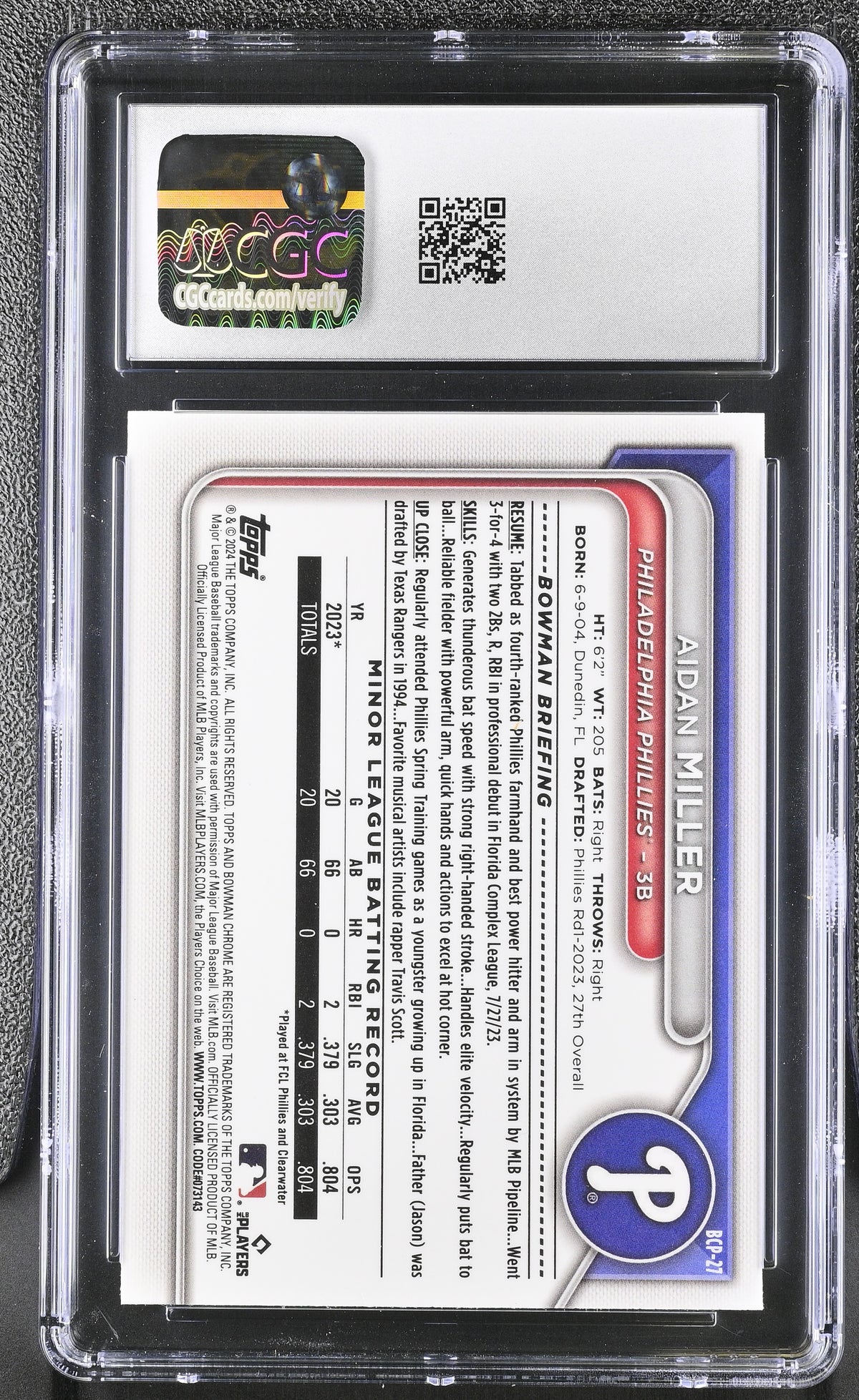2024 Bowman Aidan Miller Chrome Prospects #BCP-27 CGC 10