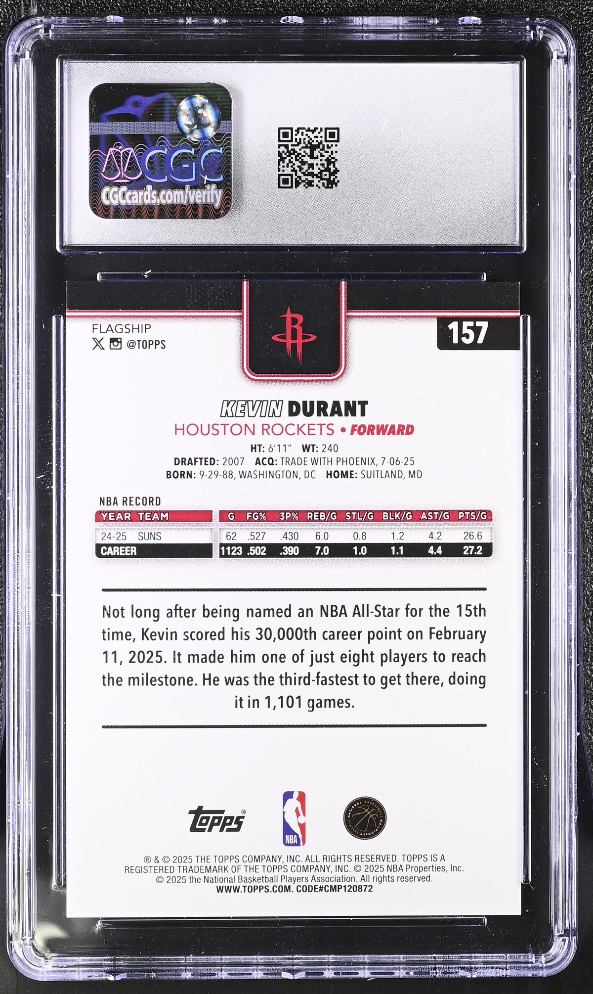 2025-26 Topps Kevin Durant Orange Holo Foil /25 #157 CGC 10 Houston Rockets