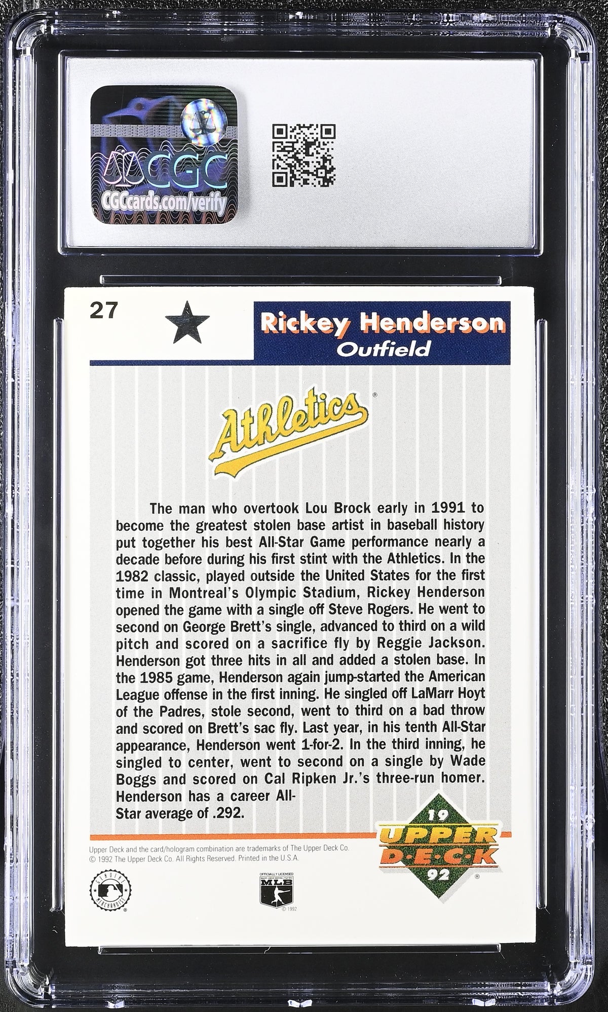 1992 Upper Deck All-Star Fan Fest Rickey Henderson #27 CGC 9 Oakland Athletics