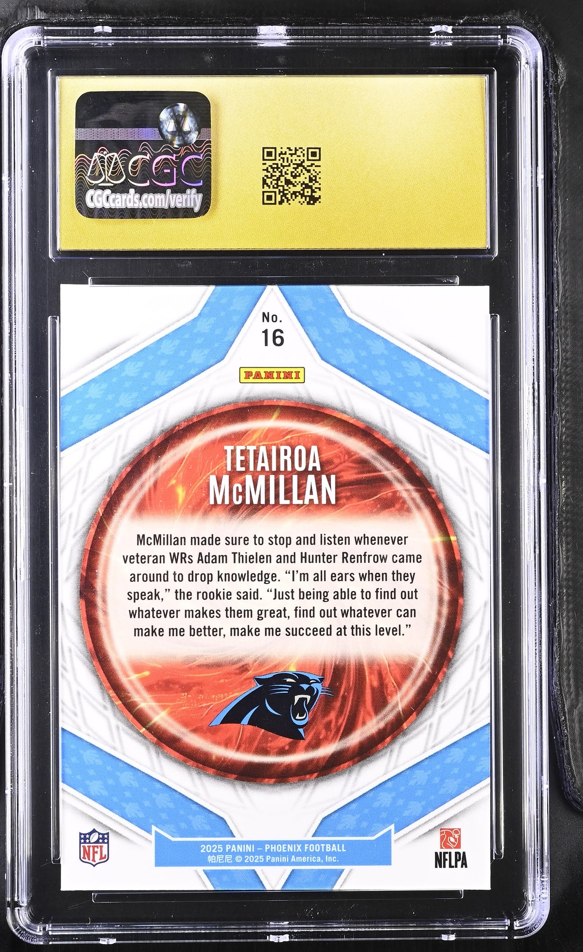 2025 Panini Phoenix Tetairoa McMillan Rookie Paragon 16 CGC 10 Pristine Panthers