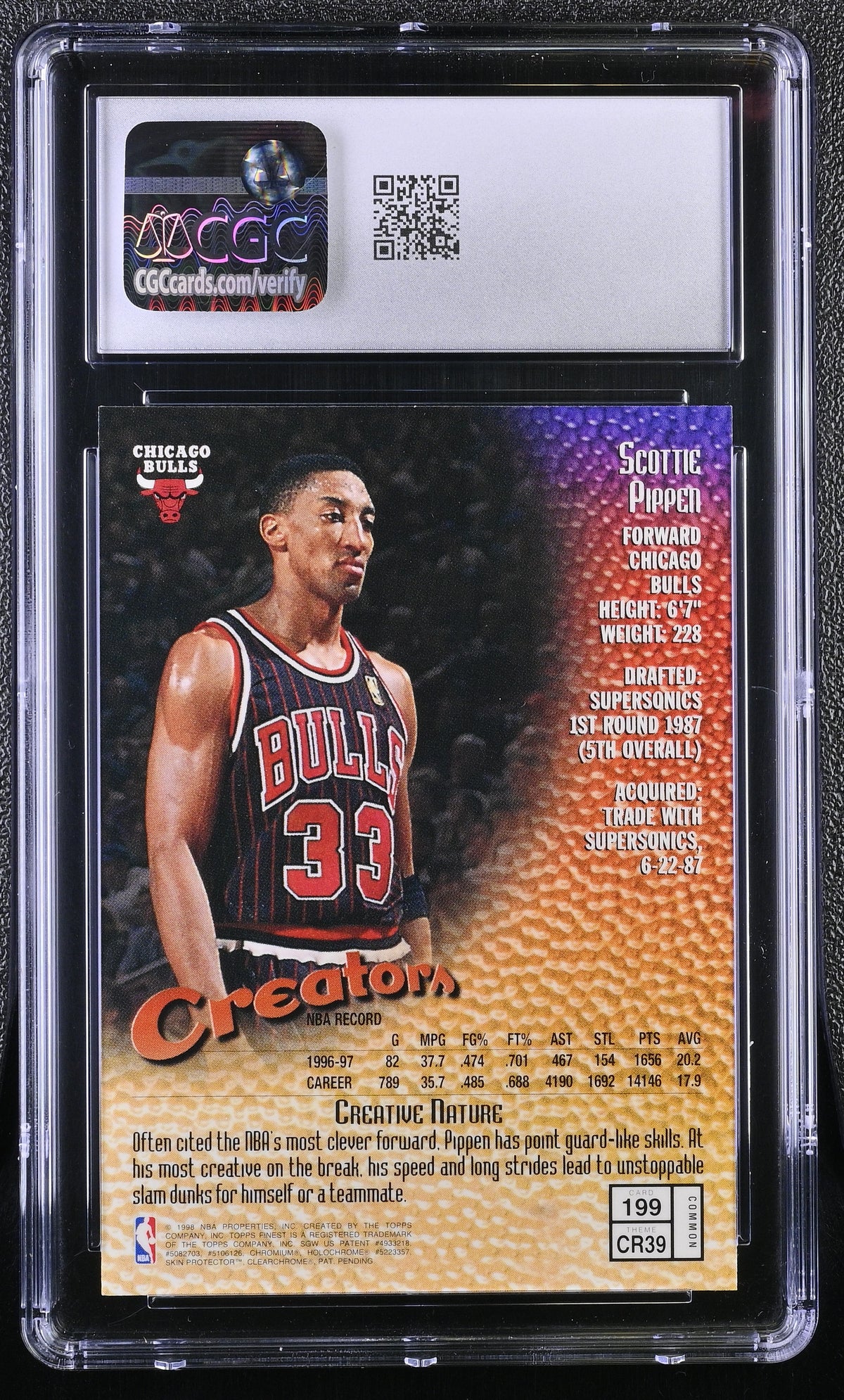 1997-98 Topps Finest Scottie Pippen w/ Coating #199 CGC 9.5 Chicago Bulls