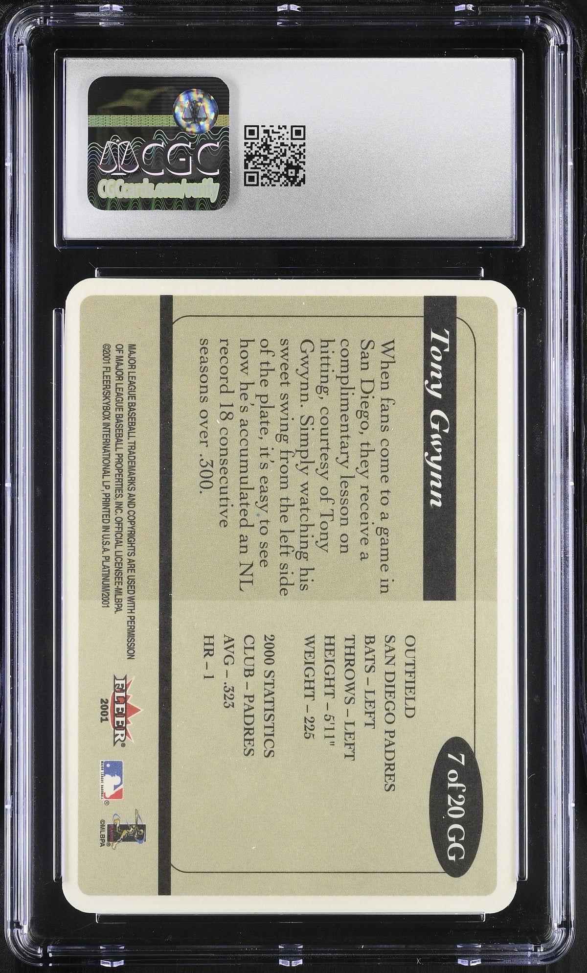 2001 Fleer Platinum Tony Gwynn Grandstand Greats #7GG CGC 10 San Diego Padres