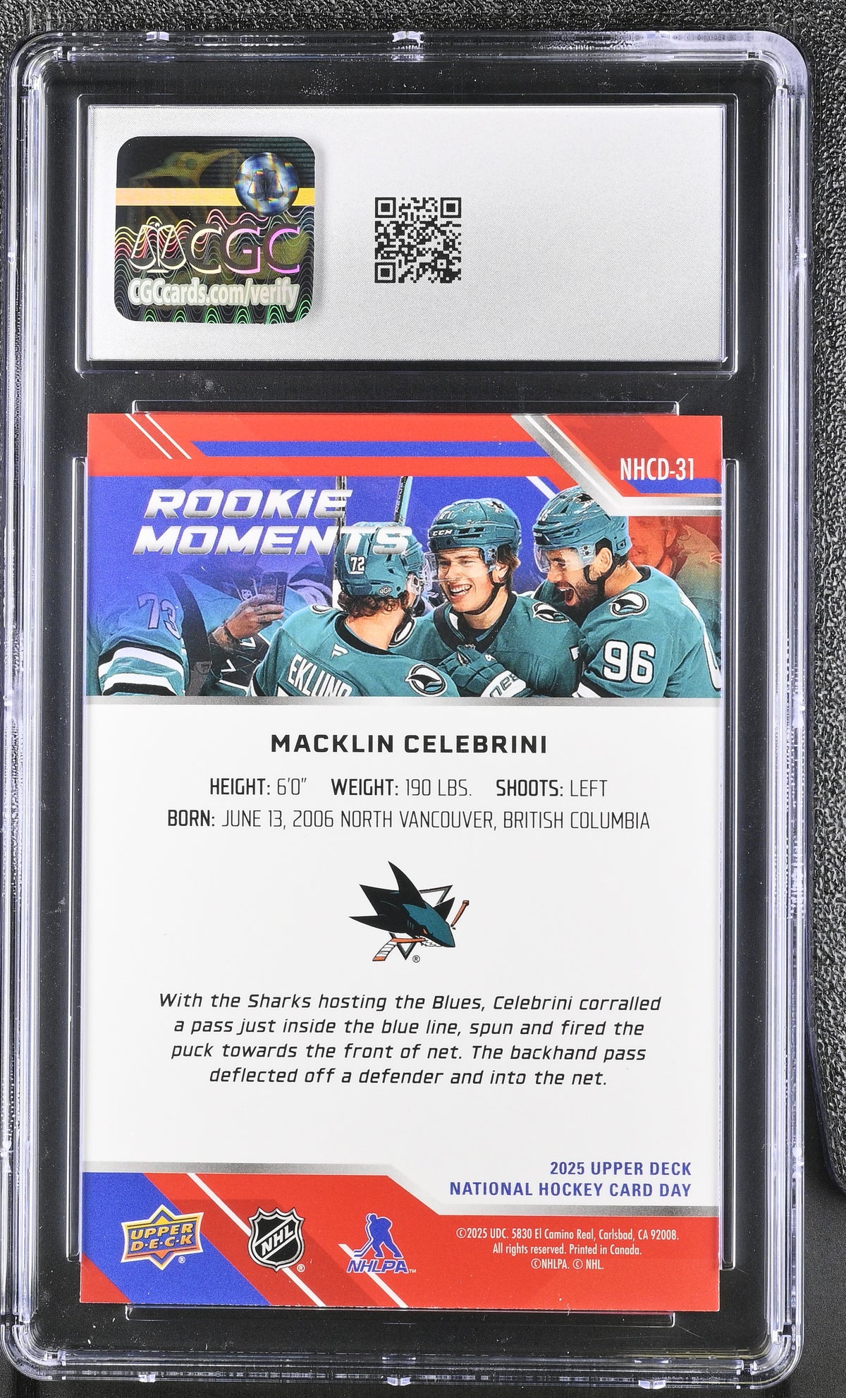 2025 UD Nat'l Hockey Card Day Macklin Celebrini #NHCD-31 CGC 10 San Jose Sharks