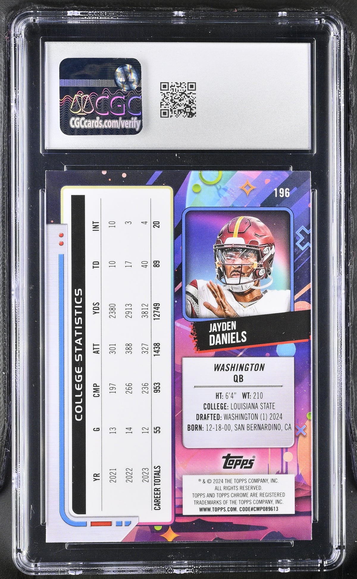 2024 Topps Cosmic Chrome Jayden Daniels Rookie #196 CGC 10 Washington Commanders