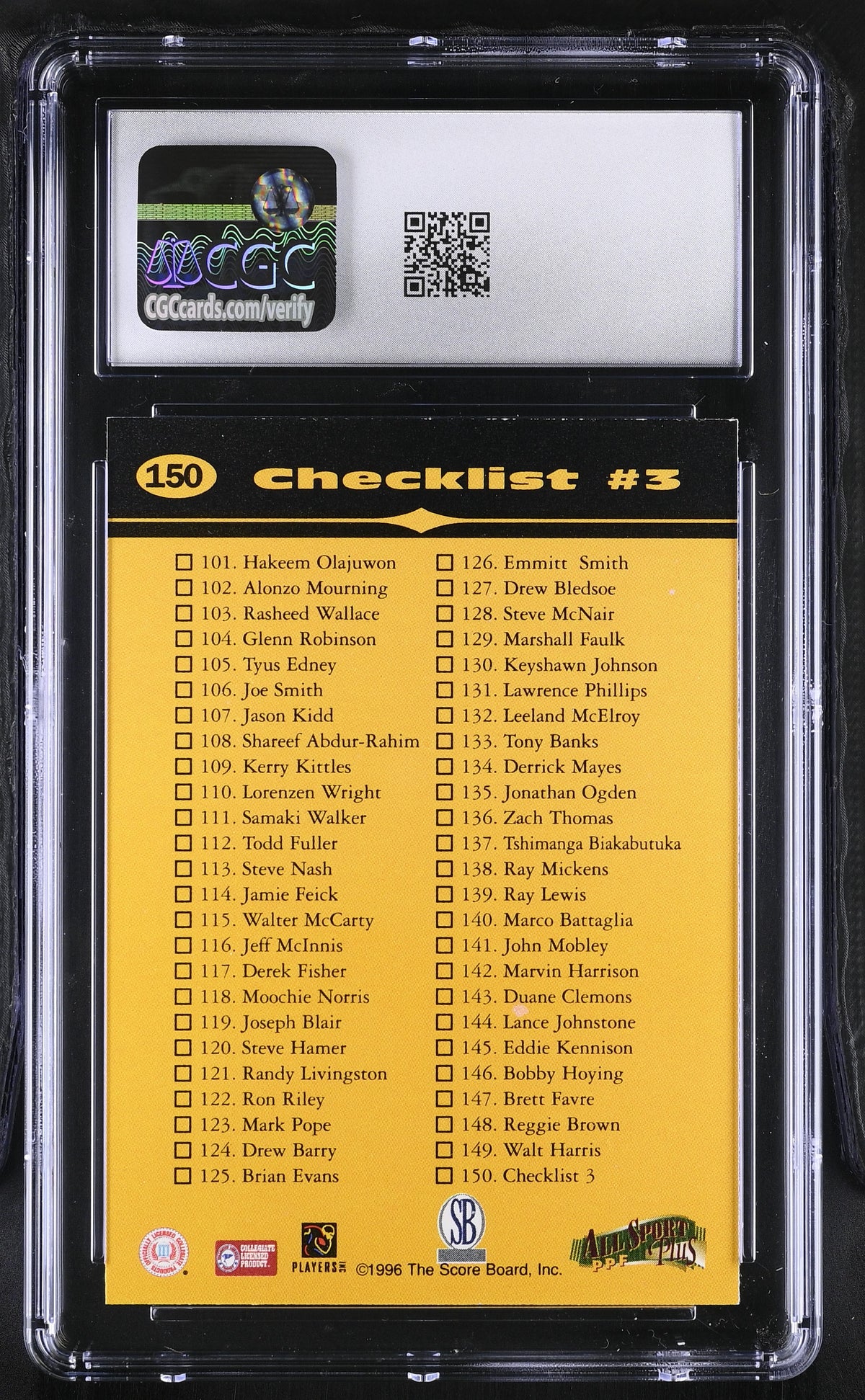 1996 Score Board All Sport PPF Kobe Bryant Checklist Rookie #150 CGC 9 Lakers