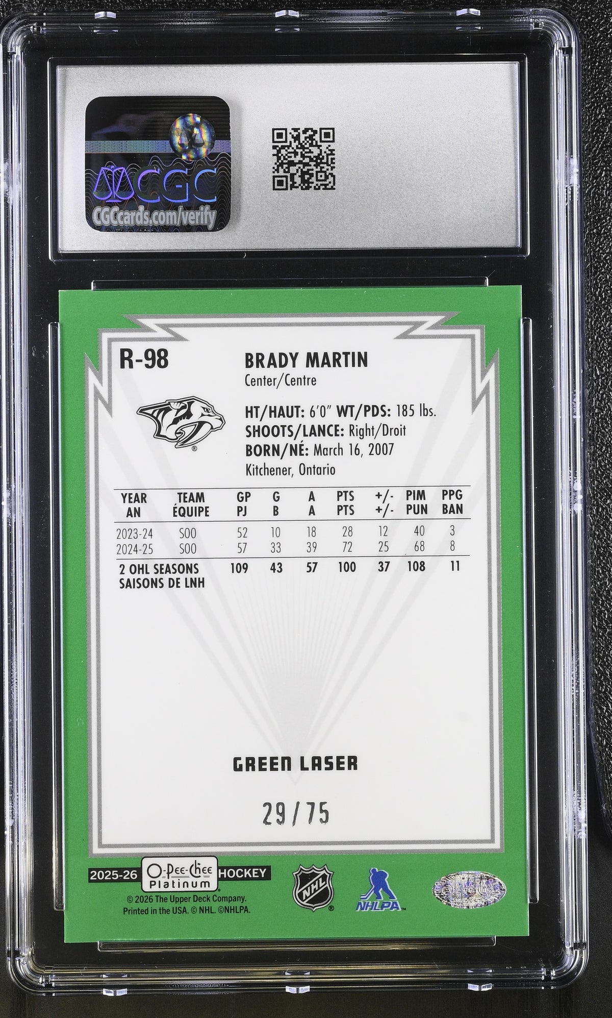 2025-26 O-Pee-Chee Platinum Brady Martin Green Laser /75 Retro #R-98 CGC 9