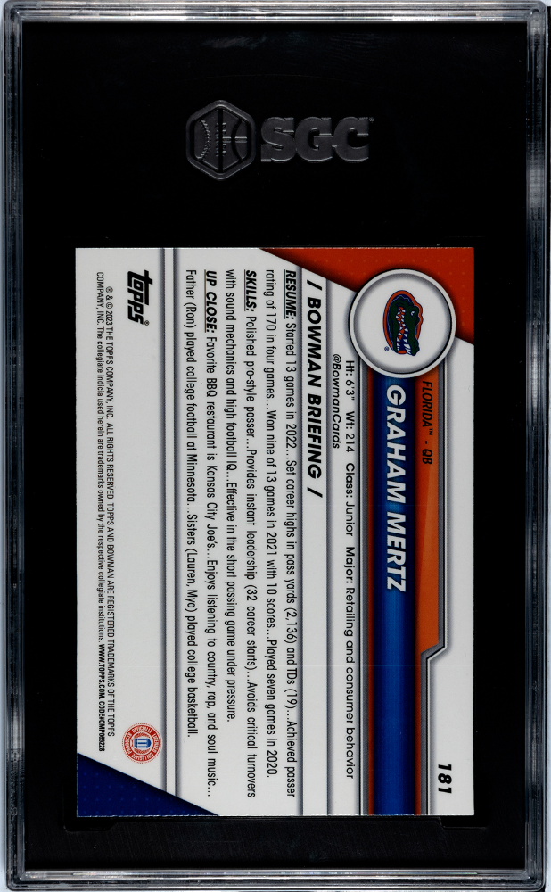 2023 Bowman U Chrome Sapphire Graham Mertz Rookie #181 SGC 10 Florida Gators