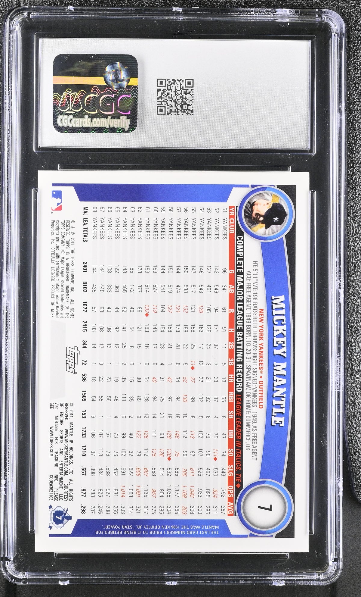 2011 Topps Mickey Mantle Cognac Diamond Anniversary #7 CGC 10 New York Yankees