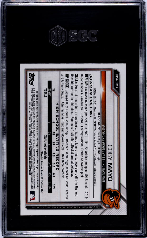 2021 Bowman Coby Mayo Chrome Auto Speckle /299 Rookie #CPA-CMA SGC 9.5 Orioles