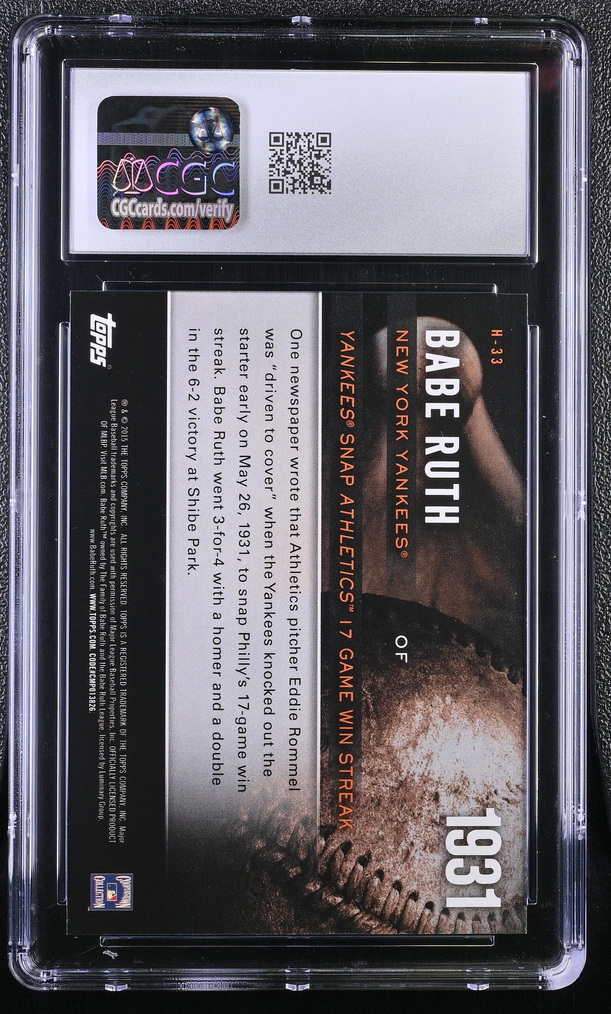 2015 Topps Highlight Of The Year Babe Ruth #H-33 CGC 9.5 New York Yankees