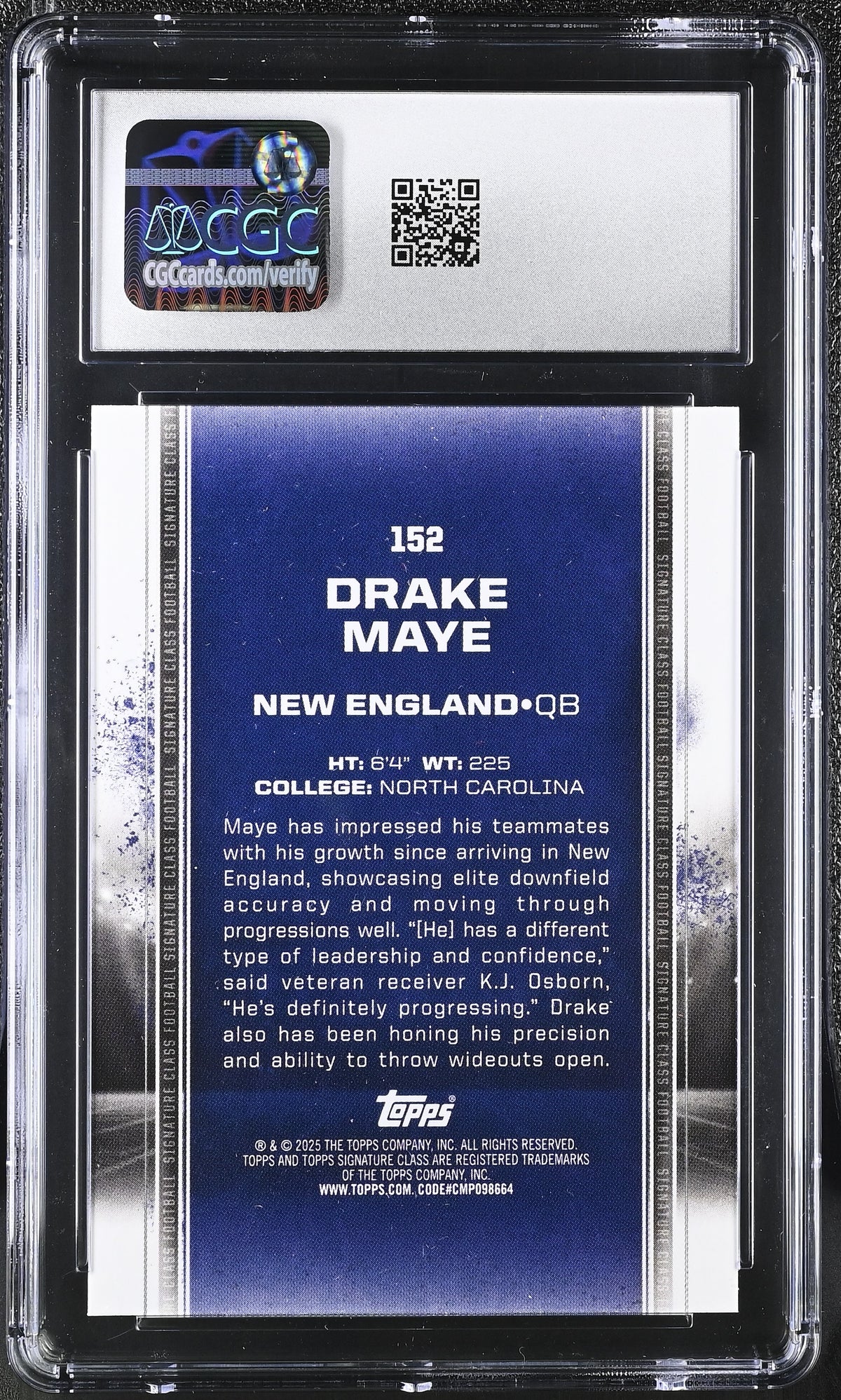 2024 Topps Signature Class Drake Maye Rookie #152 CGC 10 New England Patriots