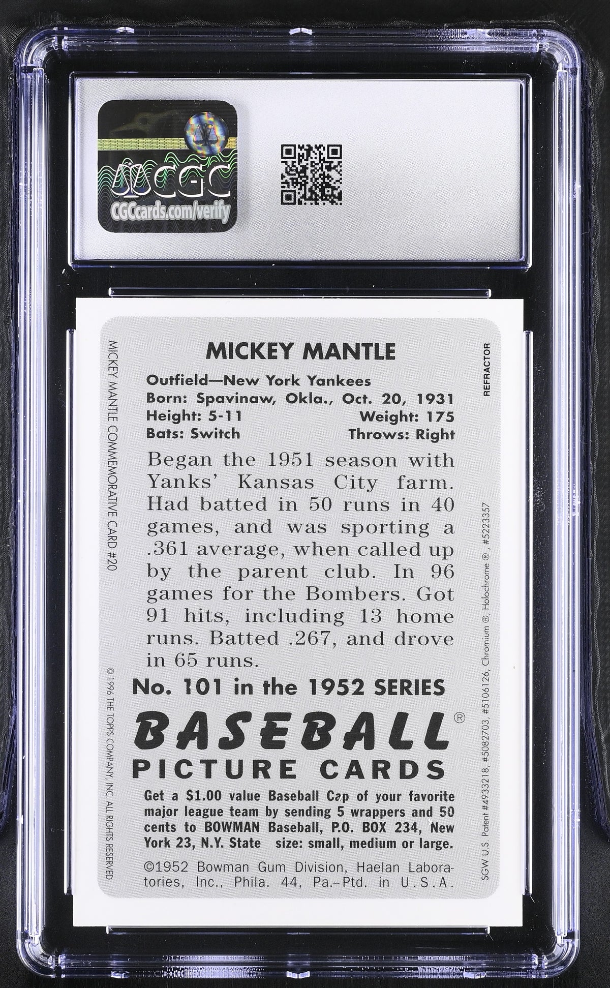 1996 Best Mickey Mantle Refractor - '52 Bowman Mantle's Finest Reprints 20 CGC 7