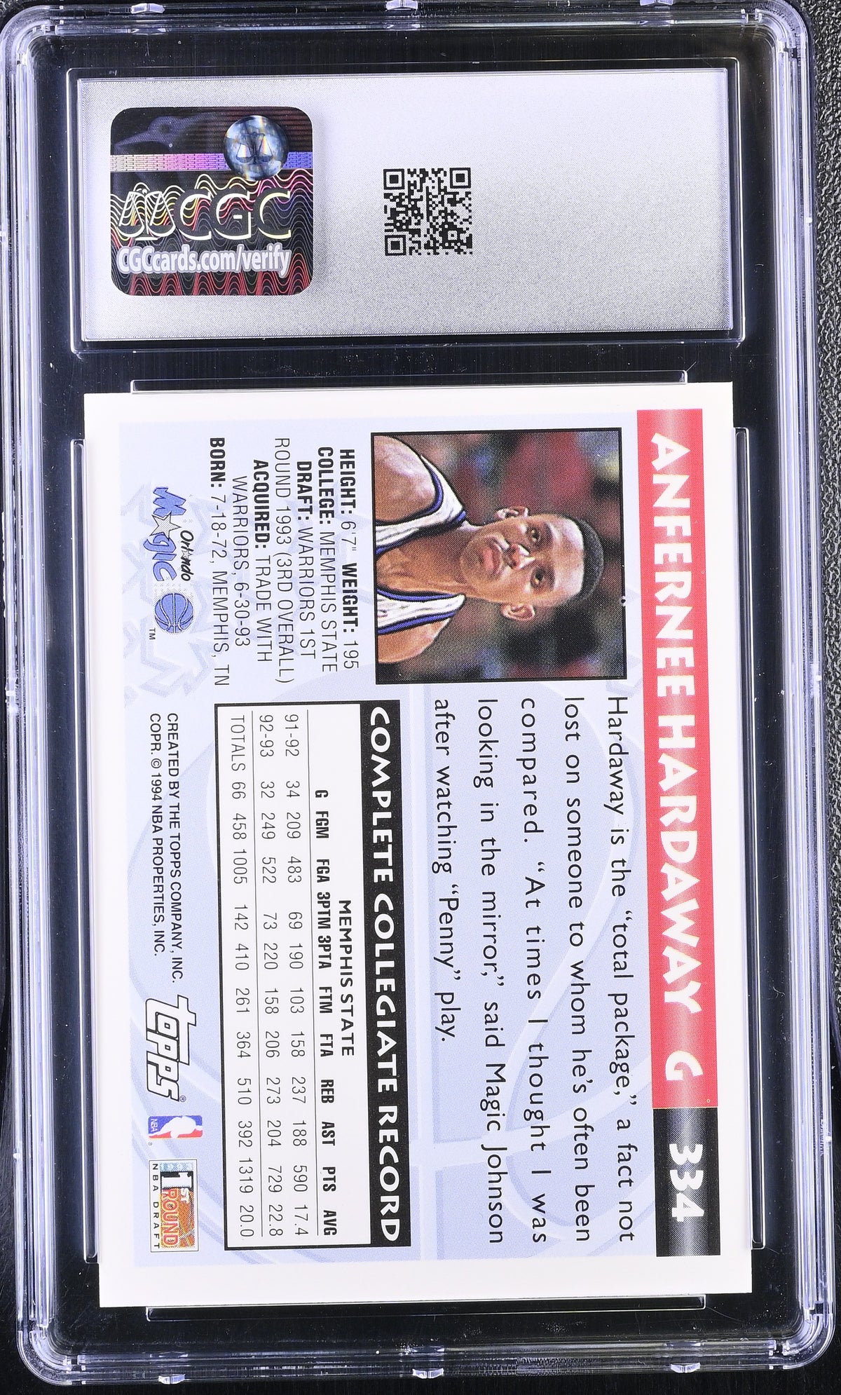 1993-94 Topps Gold Anfernee Hardaway Rookie #334 CGC 8.5 Orlando Magic