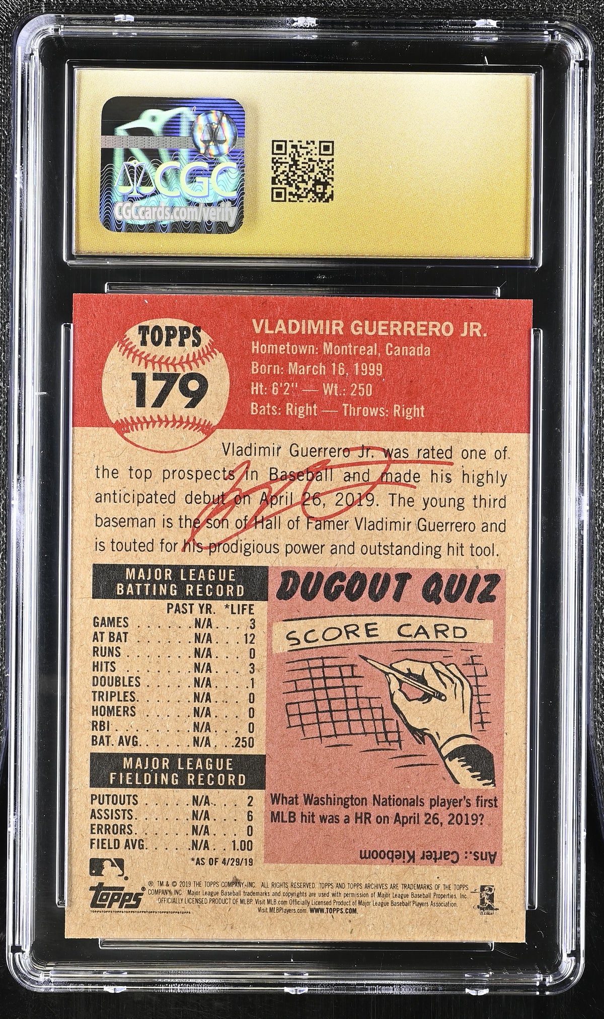2019 Topps Living Set Vladimir Guerrero Jr. Rookie #179 CGC 10 Toronto Blue Jays