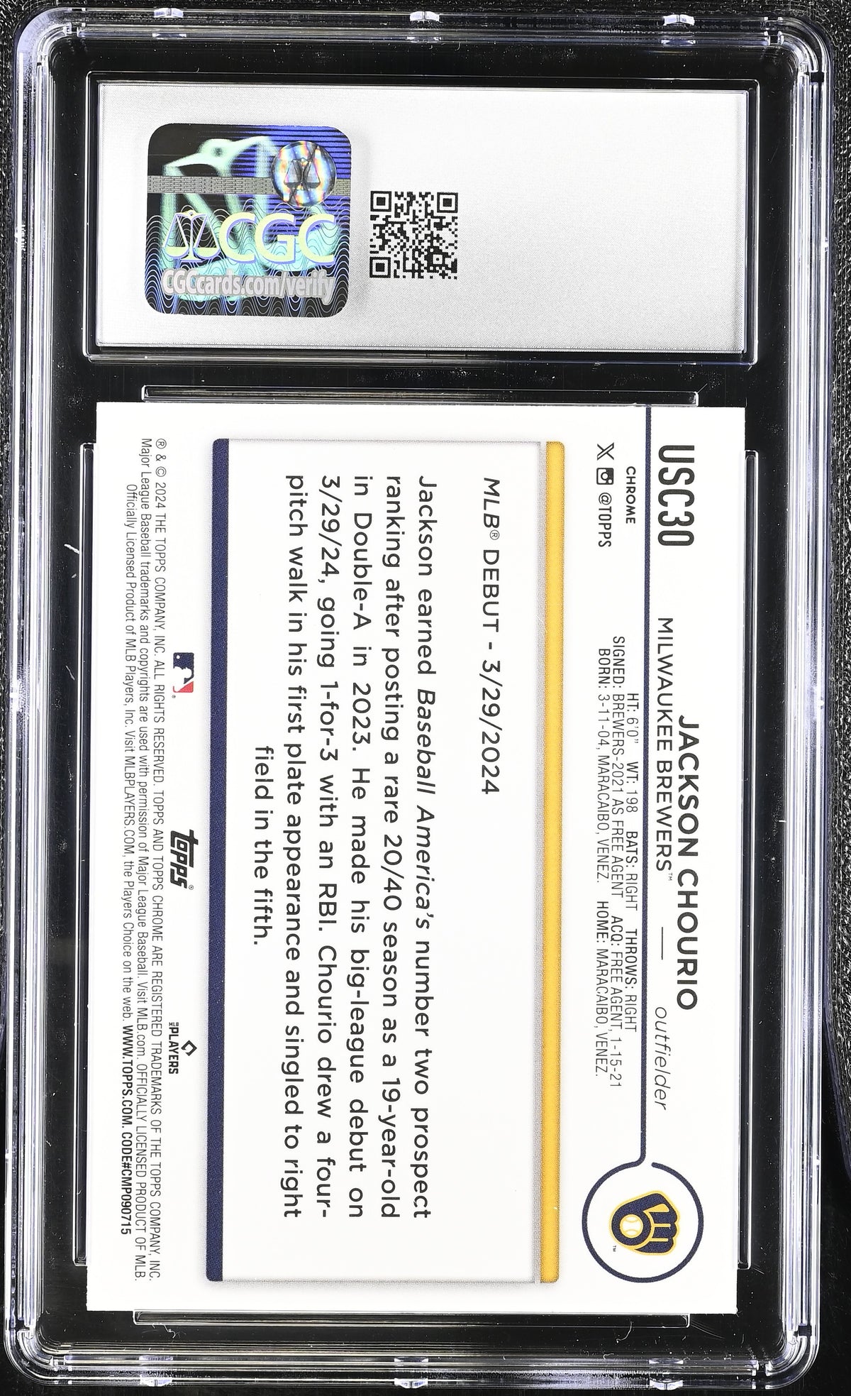 2024 Topps Chrome Update Jackson Chourio X-Fractor #USC30 CGC 9.5 Brewers