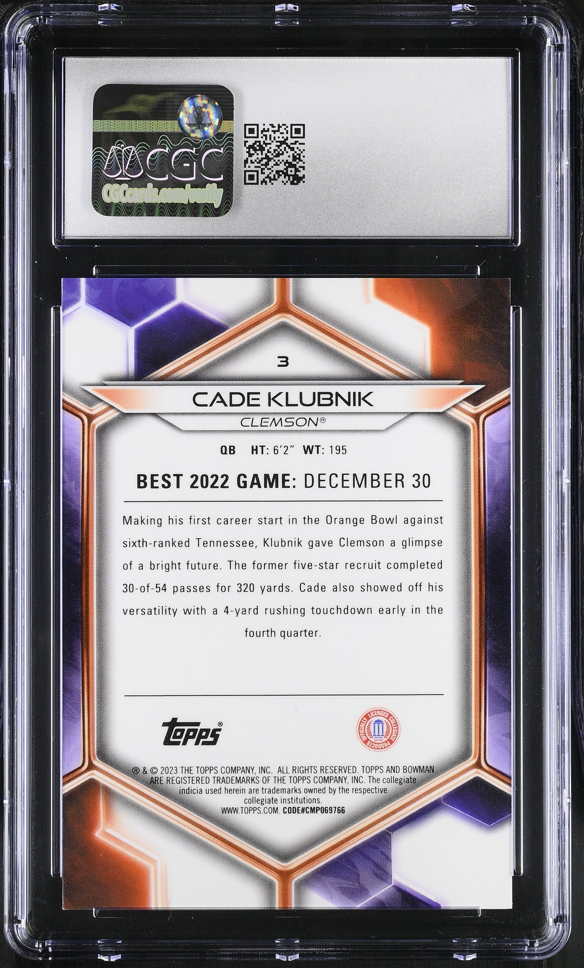 2023 Bowman University Best Cade Klubnik Gold /50 Rookie #3 CGC 10 Clemson
