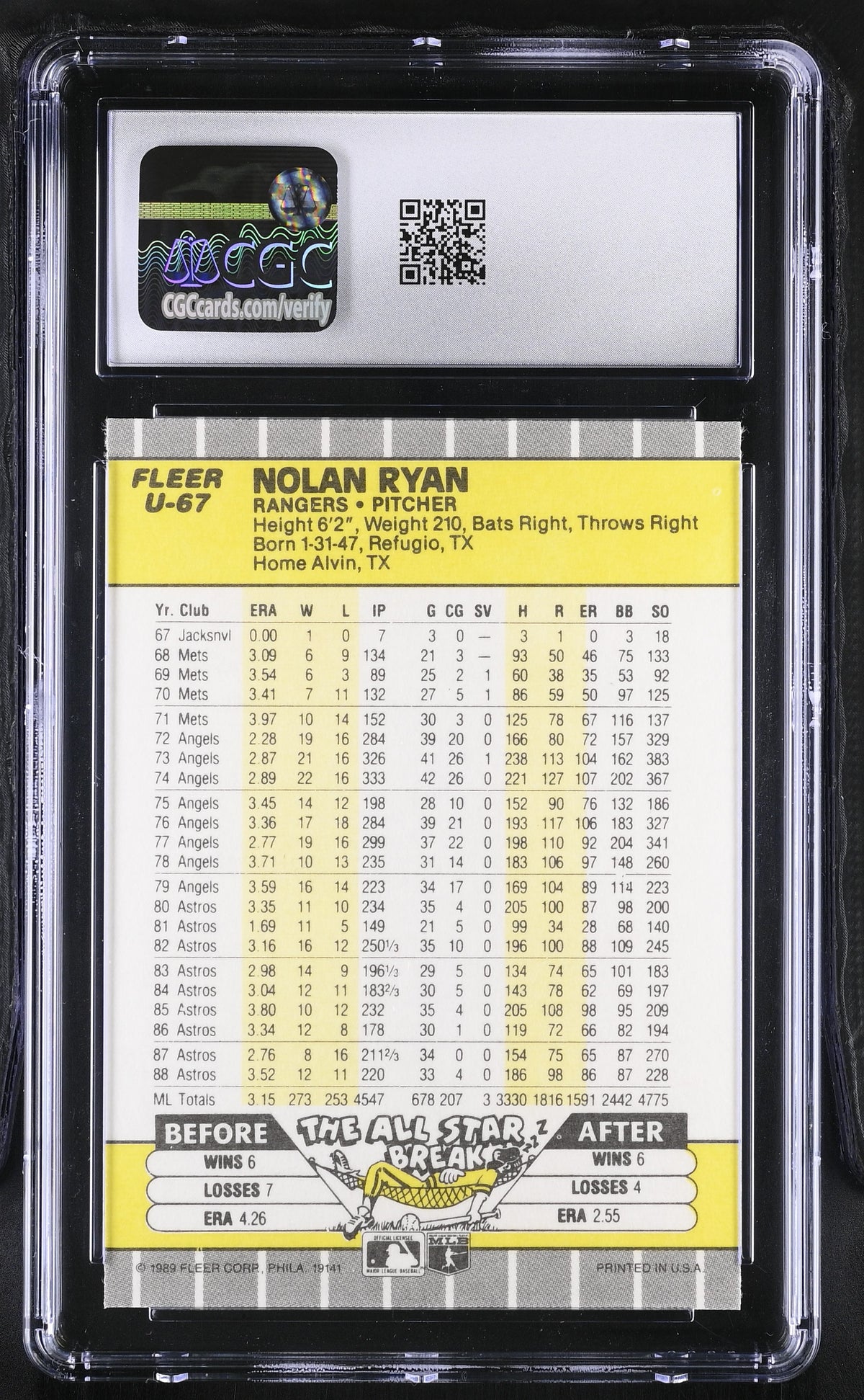 1989 Fleer Update Nolan Ryan #U-67 CGC 9.5 Texas Rangers