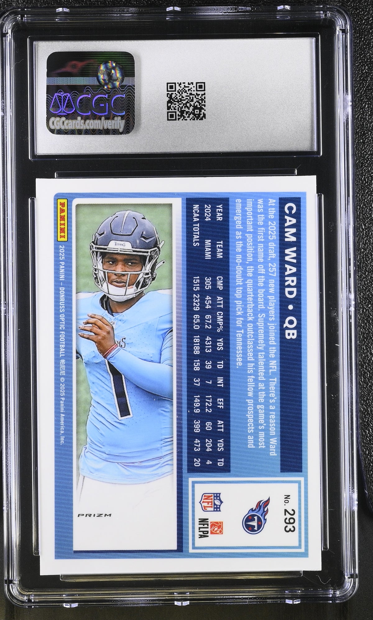 2025 Donruss Optic Cam Ward Purple Shock Rookie #293 CGC 9.5 Tennessee Titans