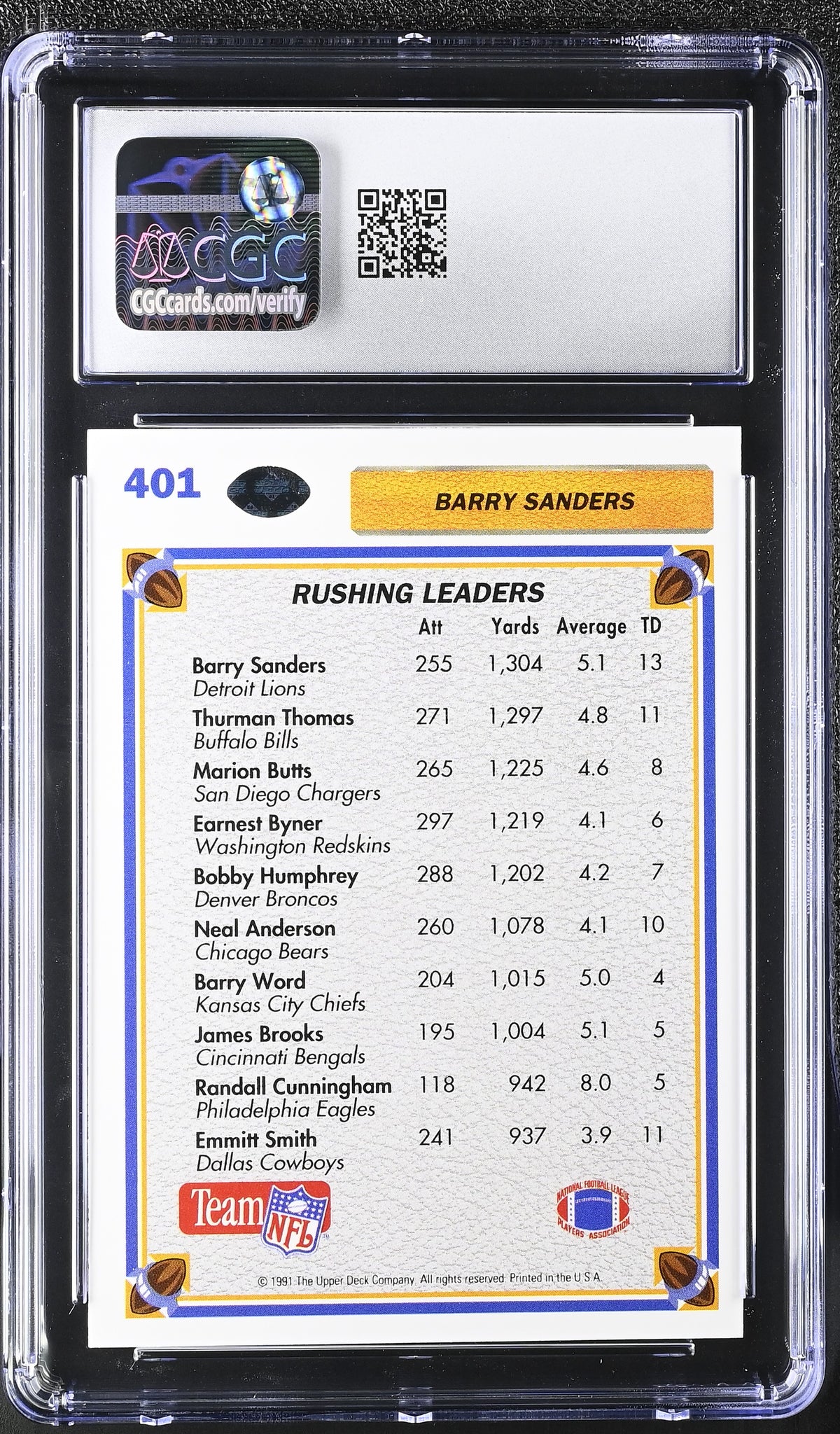 1991 Upper Deck Barry Sanders '92 Hologram Back #401 CGC 9.5 Detroit Lions