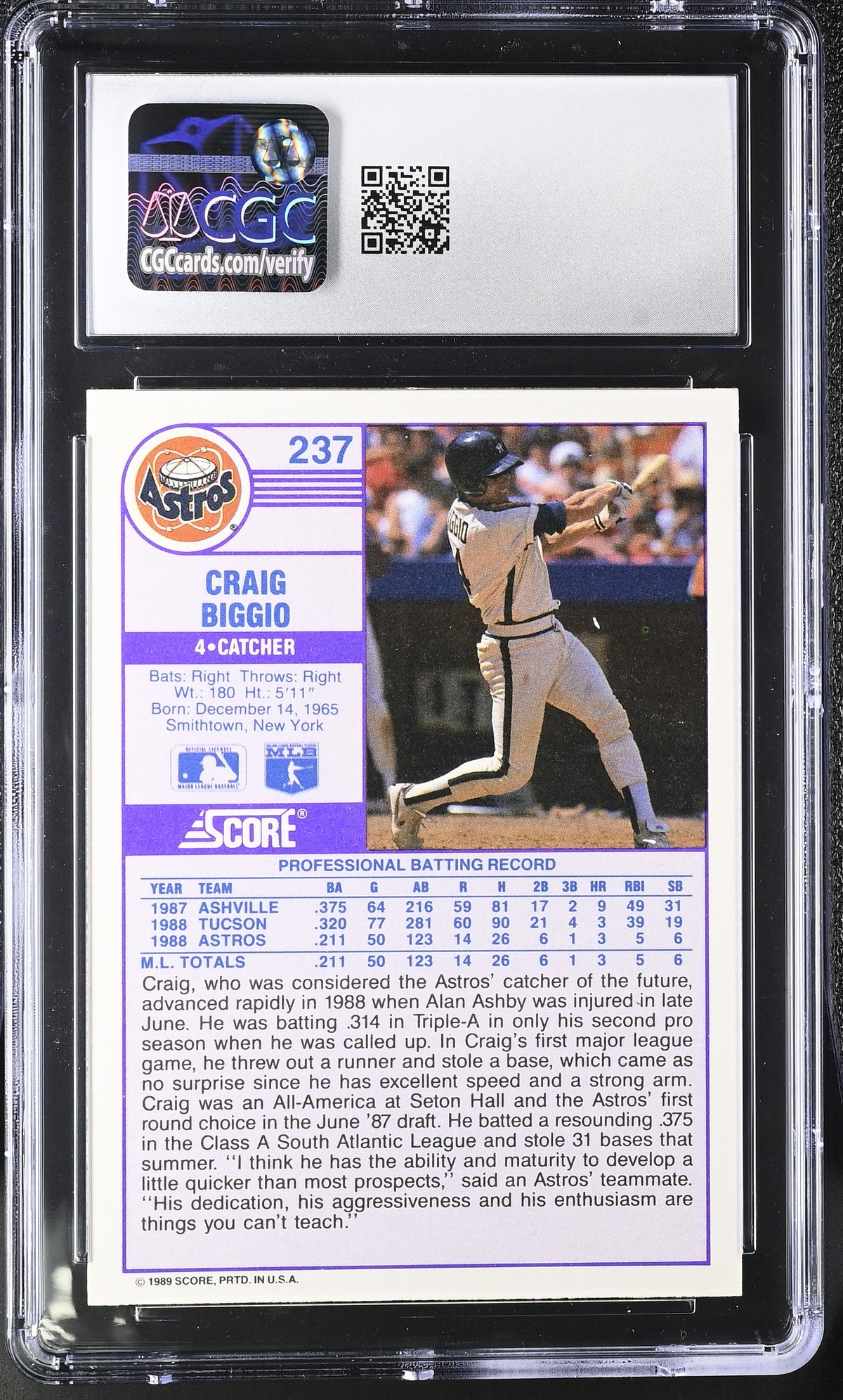 1989 Score Craig Biggio Rookie #237 CGC 10 Houston Astros
