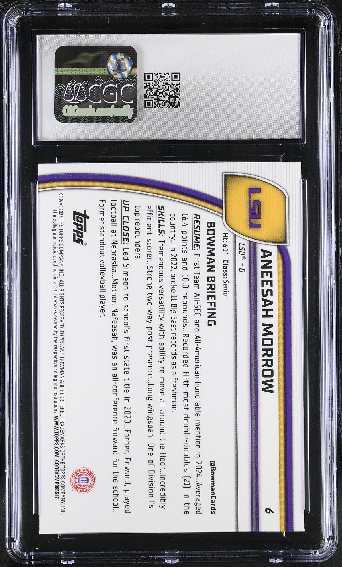 2024-25 Bowman University Chrome Aneesah Morrow Black Wave Rookie #6 CGC 9.5 LSU