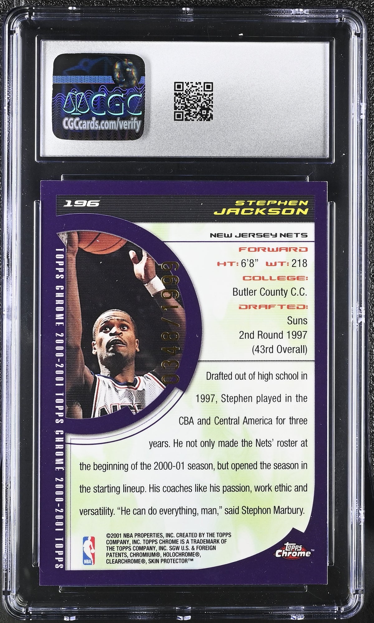 2000-01 Topps Chrome Stephen Jackson 348/1999 Rookie #196 CGC 9.5 Brooklyn Nets