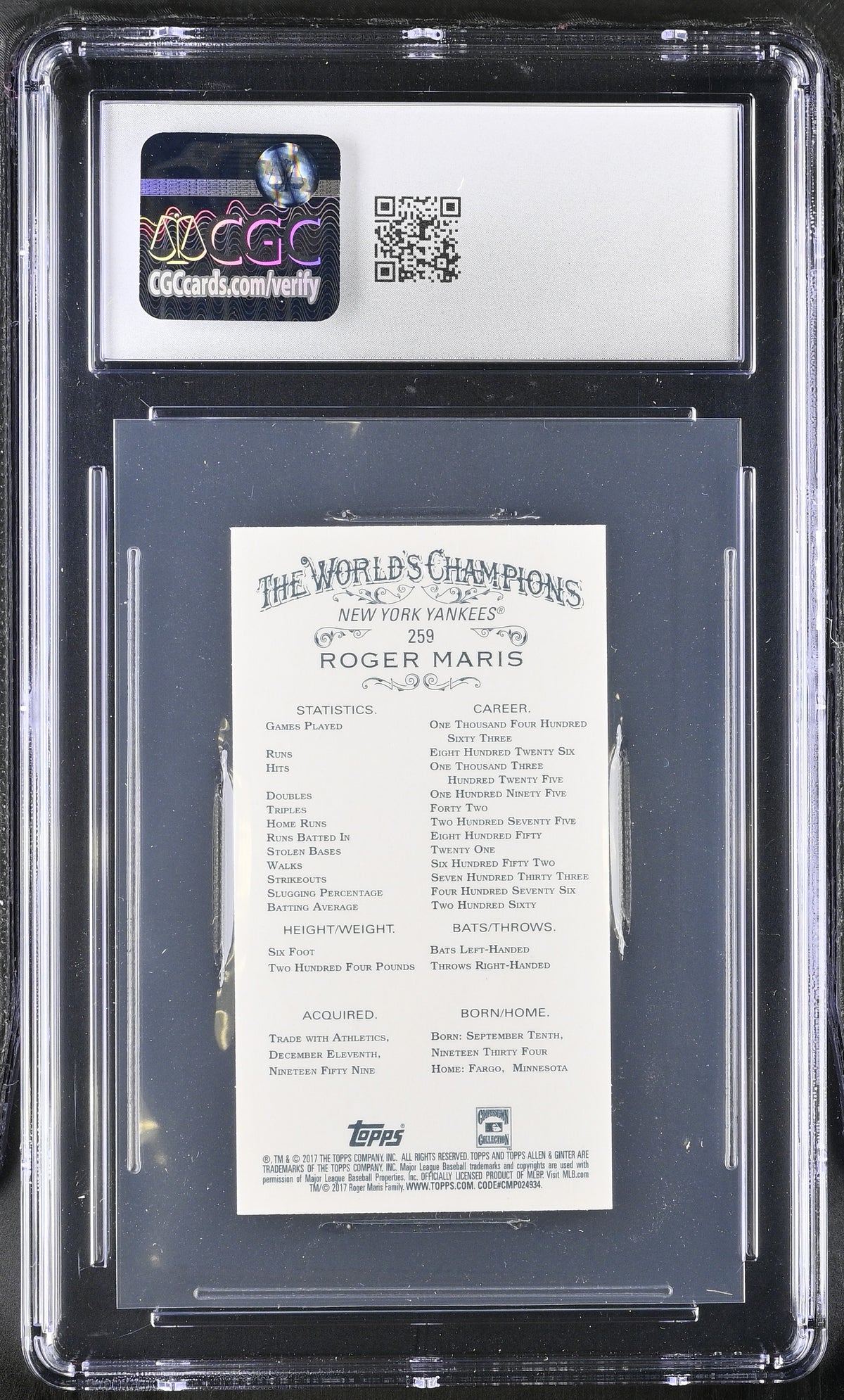 2017 Topps Allen & Ginter Roger Maris Mini #259 CGC 10 New York Yankees