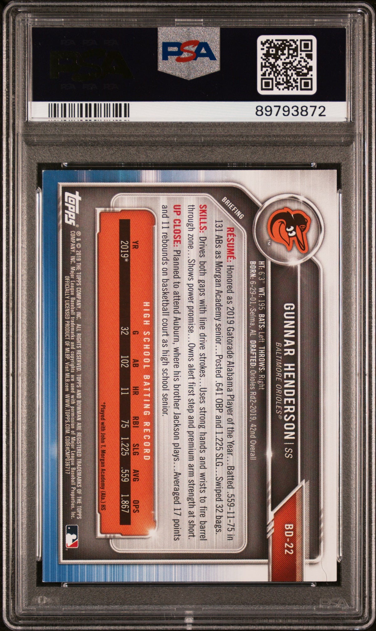 2019 Bowman Draft Gunnar Henderson Rookie #BD22 PSA 8 Baltimore Orioles