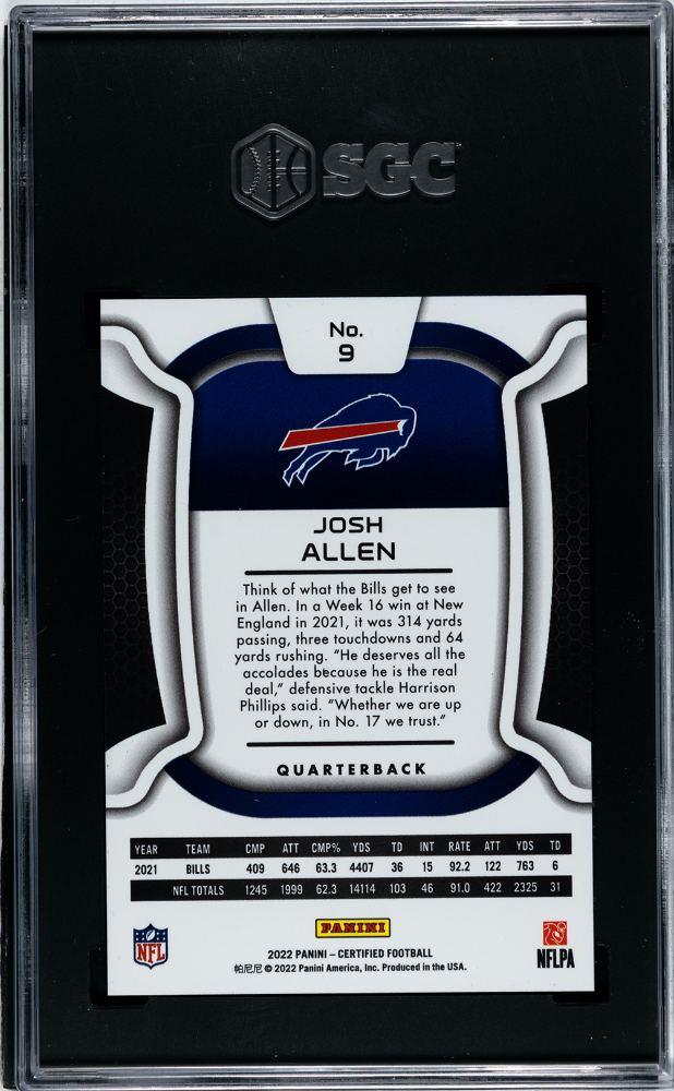 2022 Panini Certified Josh Allen Mirror Blue 75 /75 #9 SGC 9 Buffalo Bills