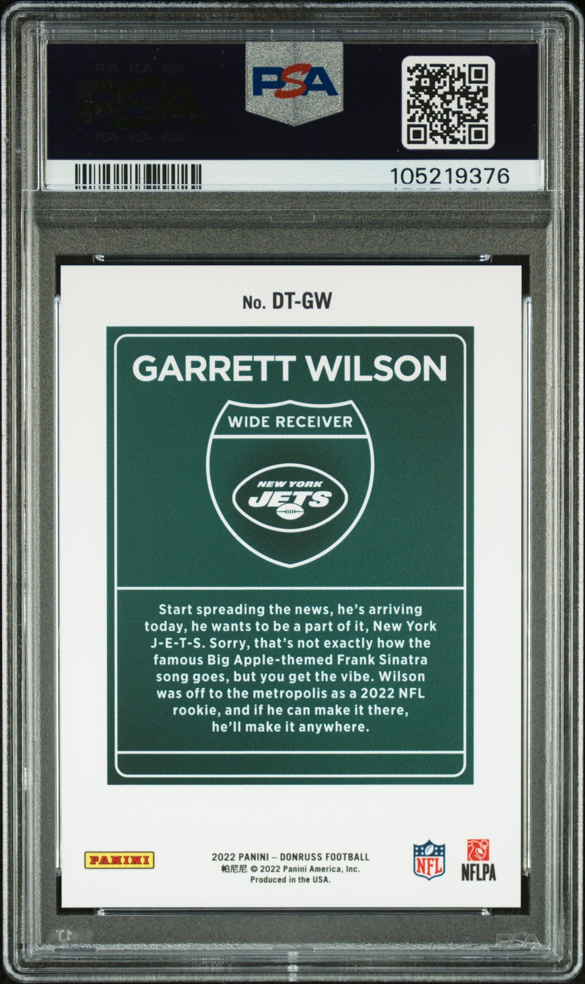 2022 Panini Donruss Downtown Garrett Wilson Downtown! Rookie #DTGW PSA 9 Jets