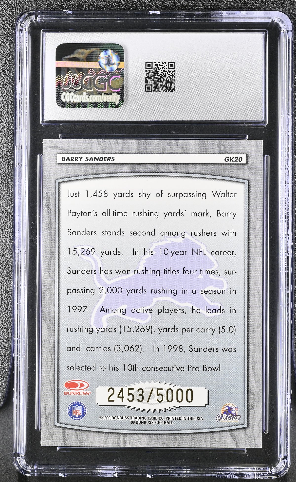 1999 Donruss Barry Sanders 2453/5000 Gridiron Kings #GK20 CGC 10 Detroit Lions