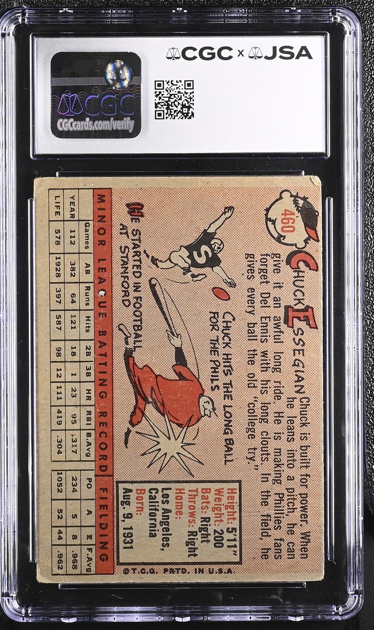 1958 Topps Chuck Essegian Auto Autograph #460 CGC Authentic JSA Phillies