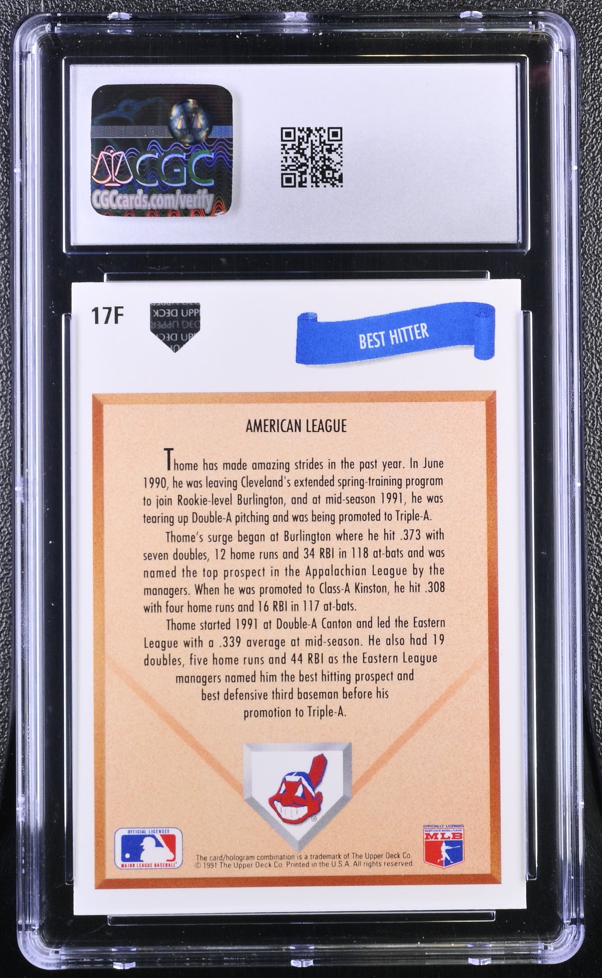 1991 Upper Deck Final Edition Jim Thome Rookie #17F CGC 9.5 Cleveland Indians