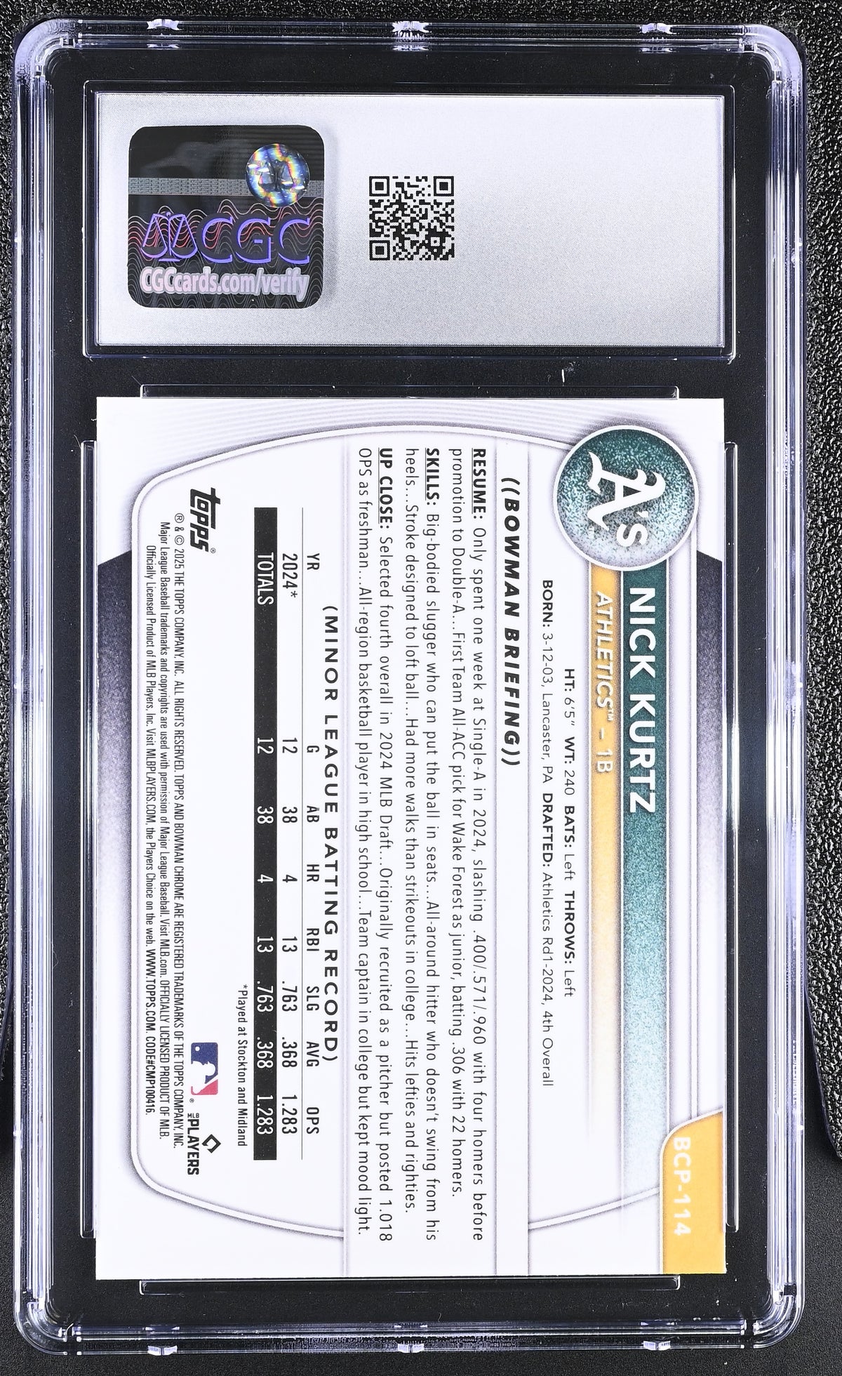 2025 Bowman Nick Kurtz Mini-Diamond Rookie Chrome #BCP-114 CGC 10 Athletics