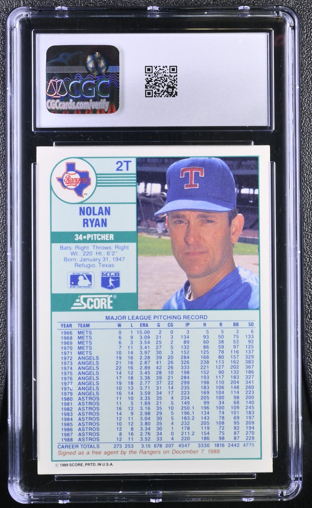 1989 Score Traded Nolan Ryan #2T CGC 9.5 Texas Rangers