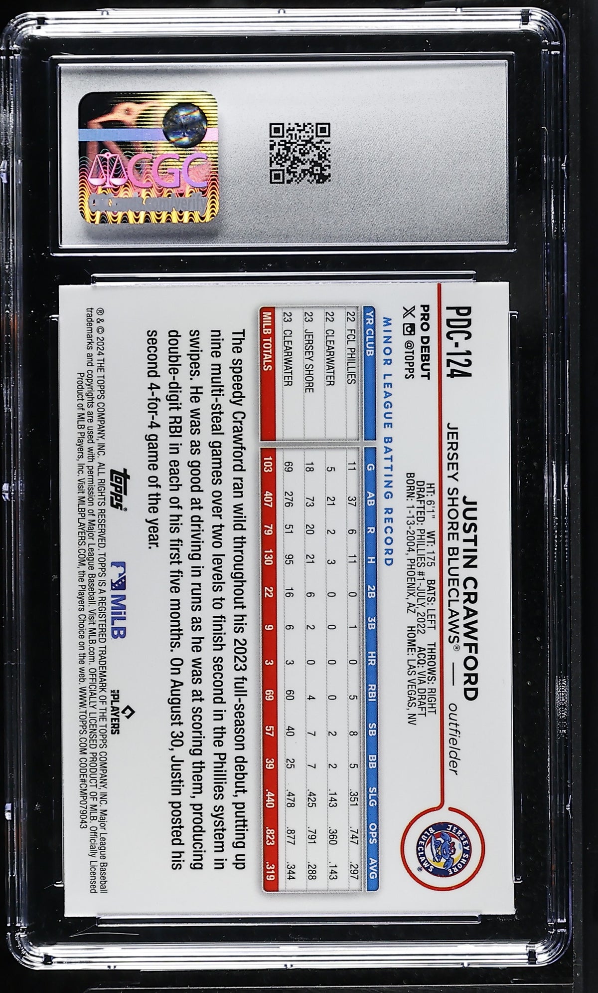2024 Topps Pro Debut Justin Crawford Orange Mini-Diamond /25 Chrome #124 CGC 10