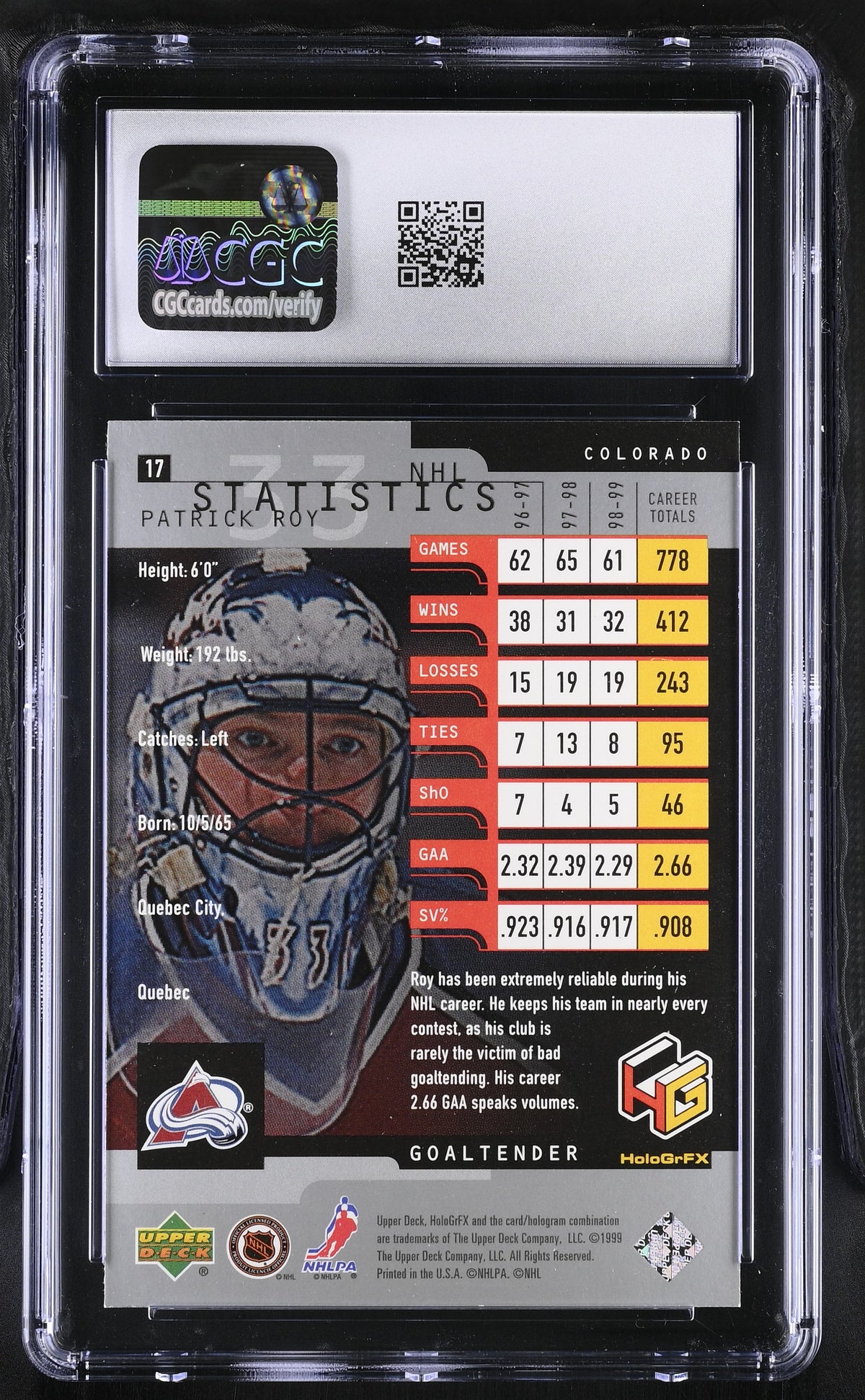 1999-00 Upper Deck Hologrfx Patrick Roy #17 CGC 9.5 Colorado Avalanche