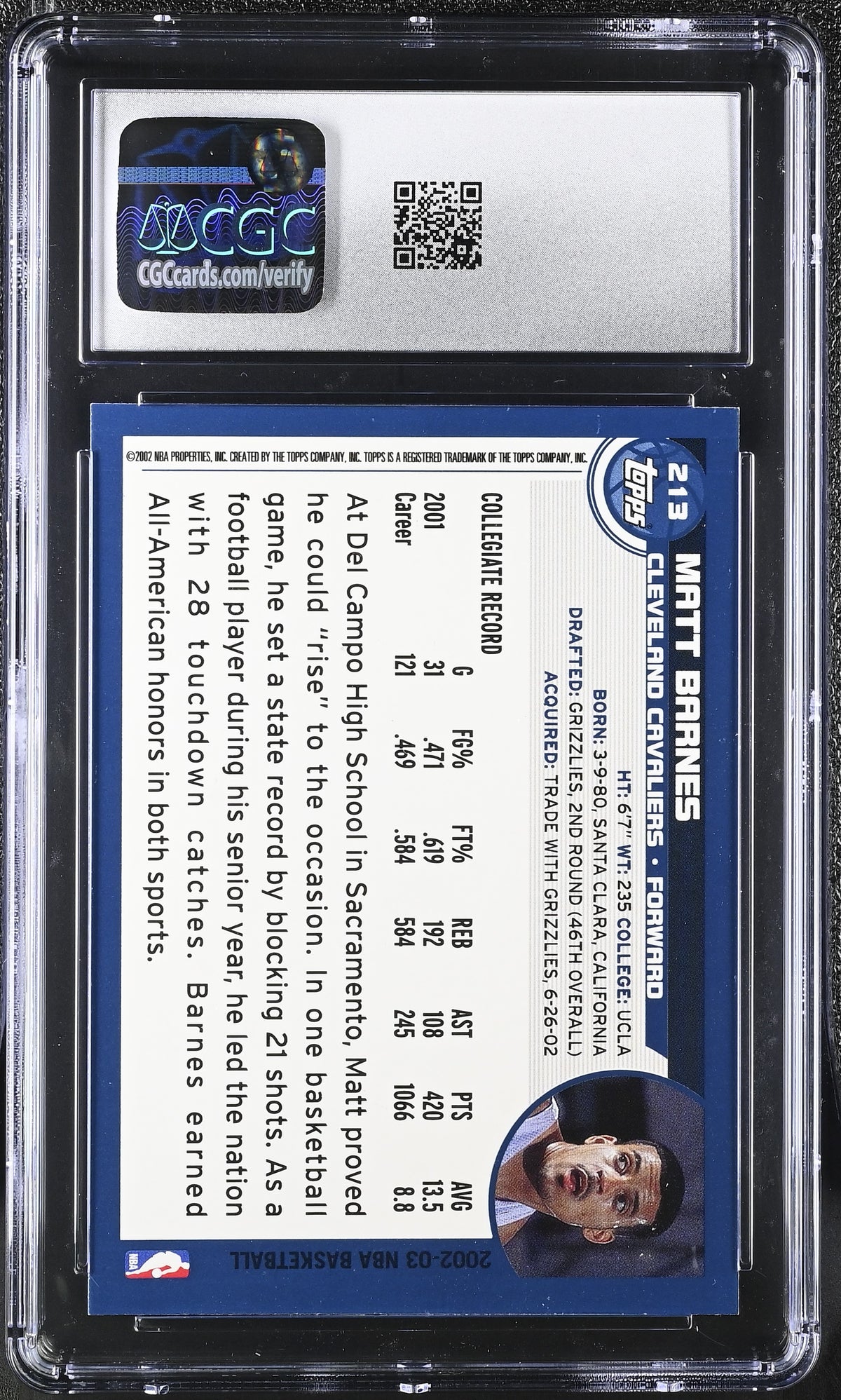 2002-03 Topps Matt Barnes Rookie #213 CGC 9.5 Cleveland Cavaliers