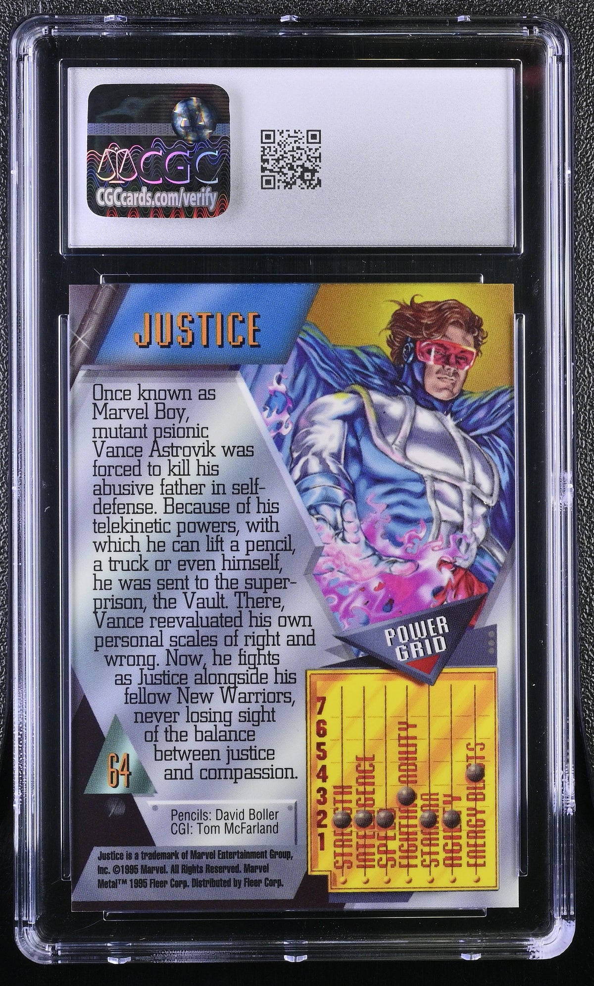 1995 Fleer Marvel Metal Inaugural Edition Justice #64 CGC 9.5