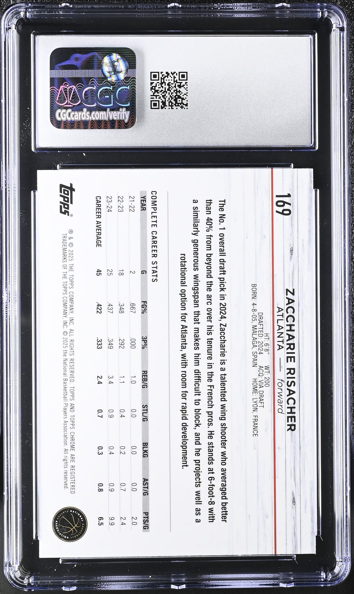 2024-25 Topps Chrome Sapphire Zaccharie Risacher Rookie #169 CGC 10 Hawks