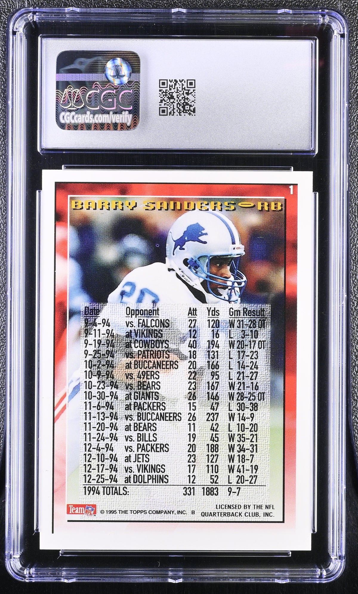 1995 Topps Barry Sanders 1000 Yard Club #1 CGC 9.5 Detroit Lions