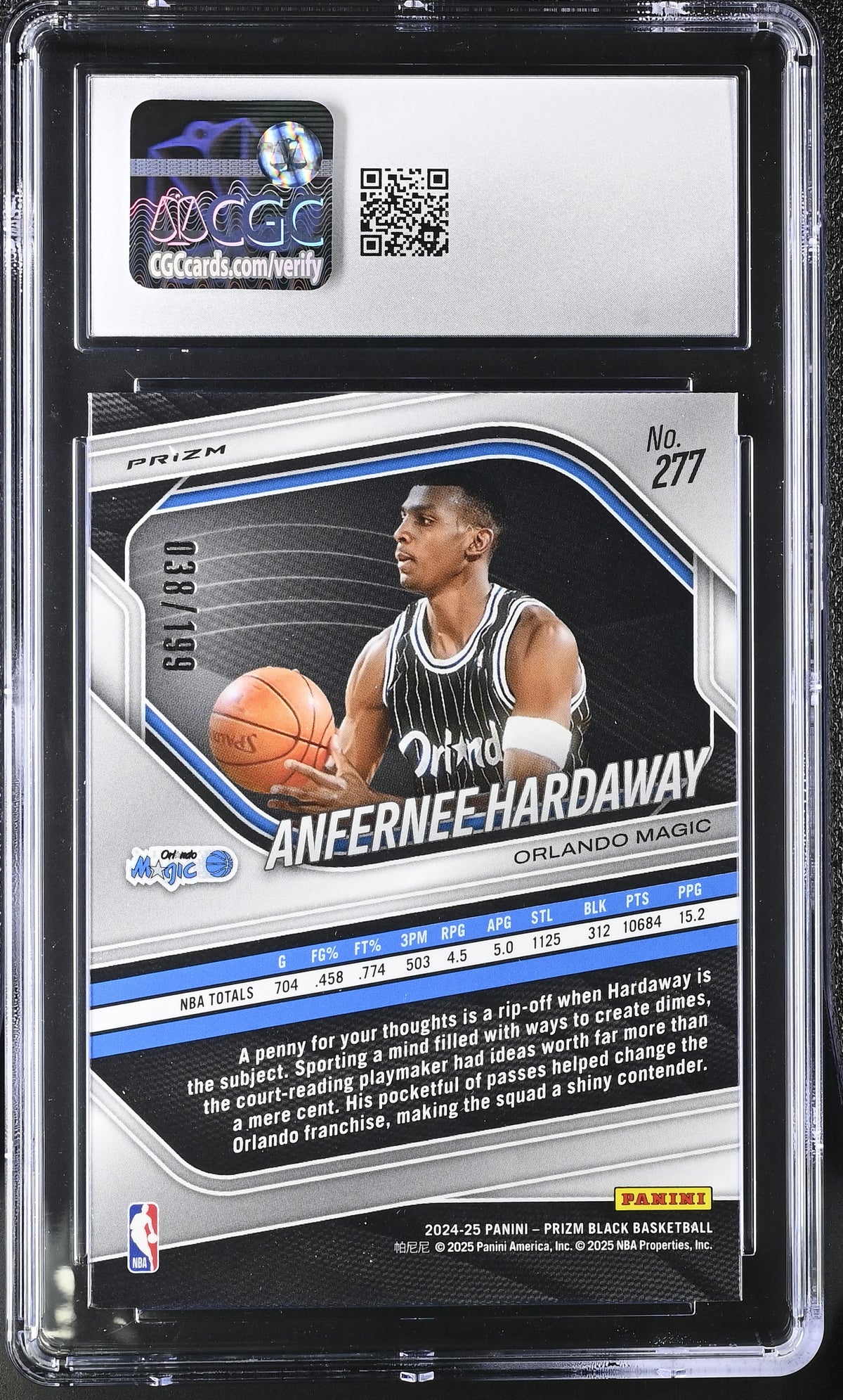 2024-25 Panini Prizm Black Anfernee Hardaway Blue /199 #277 CGC 10 Orlando Magic