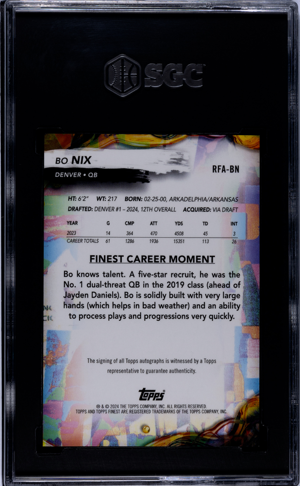 2024 Topps Finest Bo Nix Rookie Autograph #RFA-BN SGC 10 Denver Broncos